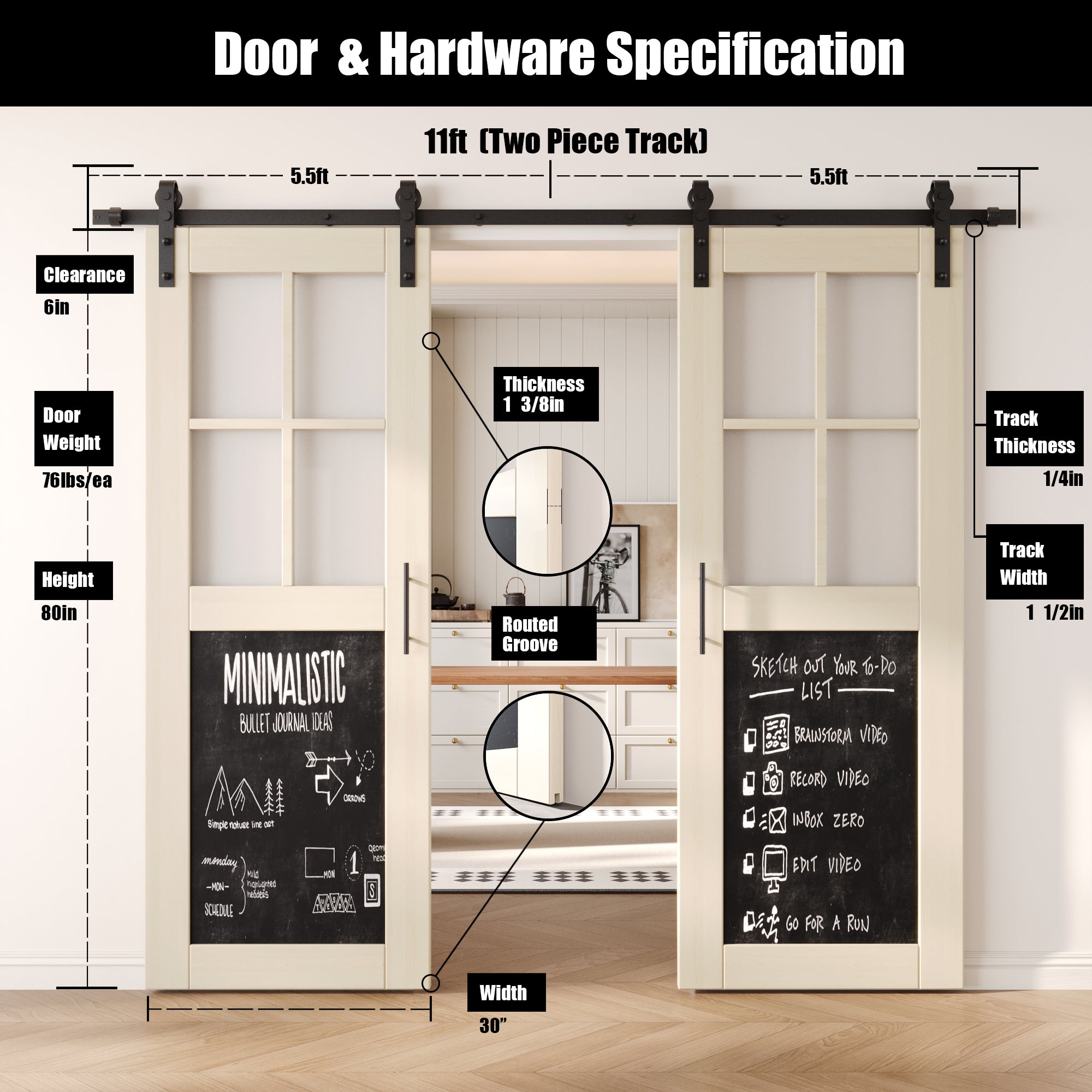 80" Height Half Lite Tinsmith Gray Chalkboard Double Unassembled & Finished Pine Wood Barn Doors with Non-Bypass Installation Hardware Kit (Interior Use Only)