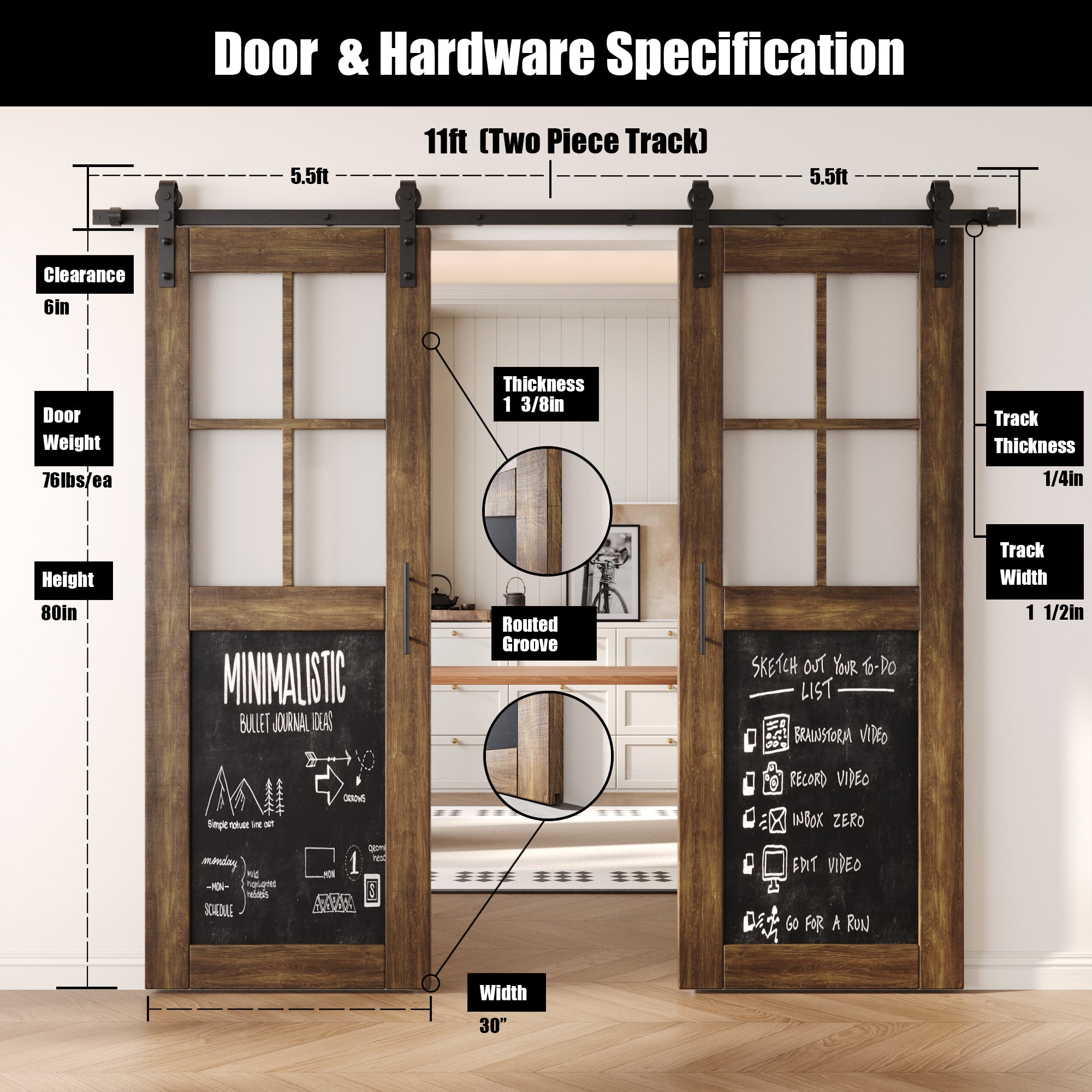 80" Height Dark Walnut Half Lite Chalkboard Double Unassembled & Finished Pine Wood Barn Doors with Non-Bypass Installation Hardware Kit (Interior Use Only)
