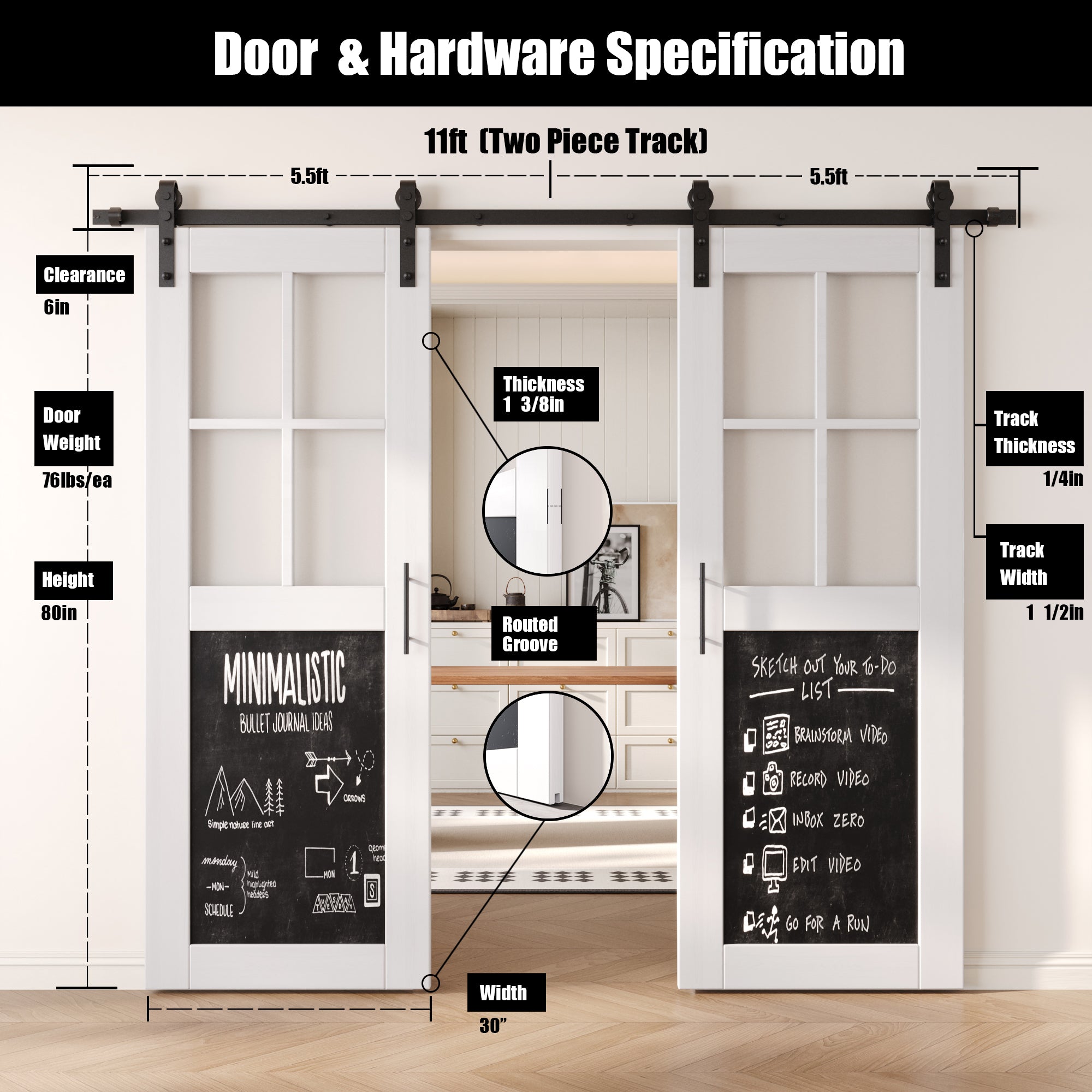 80" Height Half Lite White Chalkboard Double Unassembled & Finished Pine Wood Barn Doors with Non-Bypass Installation Hardware Kit (Interior Use Only)