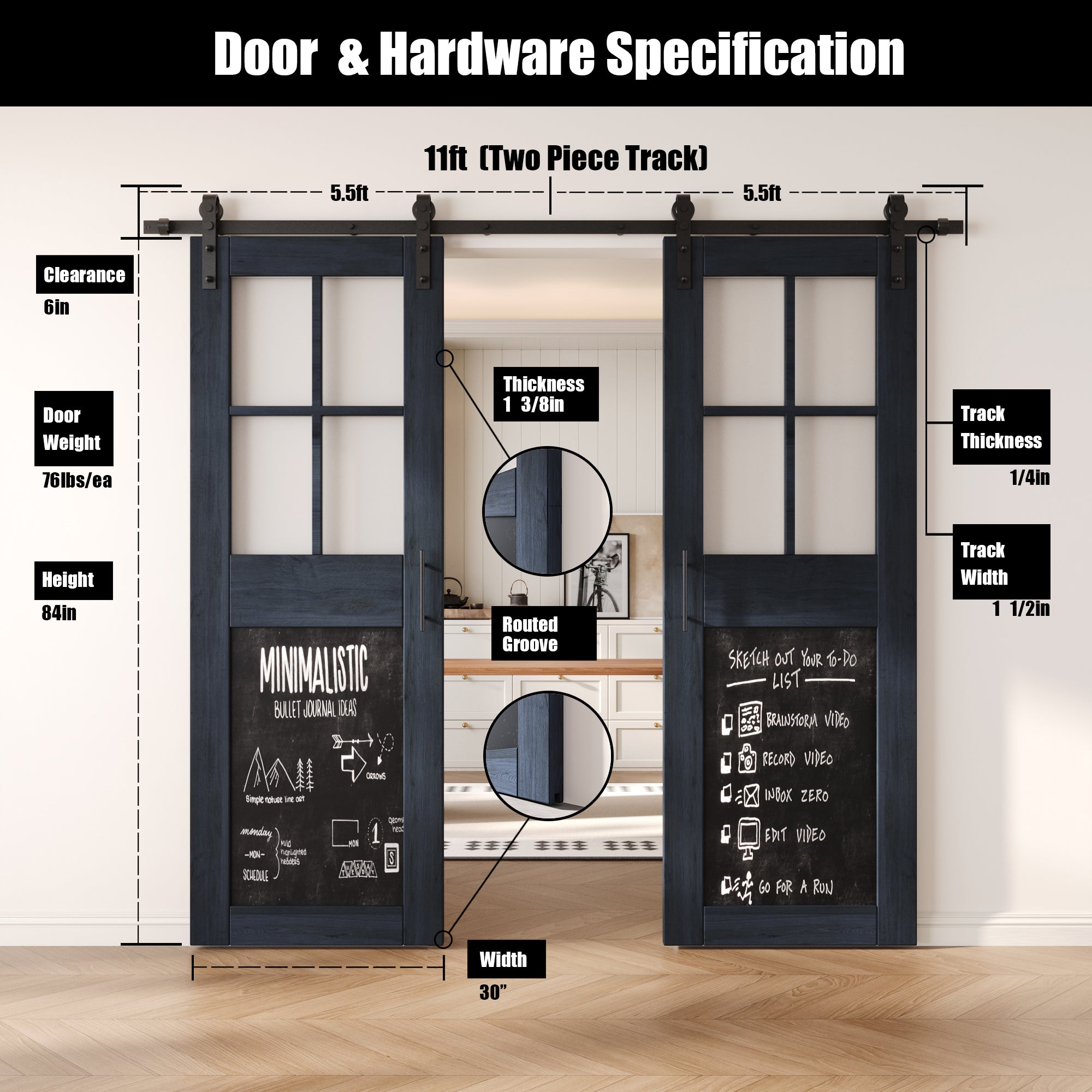 84" Height Navy Half Lite Chalkboard Double Unassembled & Finished Pine Wood Barn Doors with Non-Bypass Installation Hardware Kit (Interior Use Only)