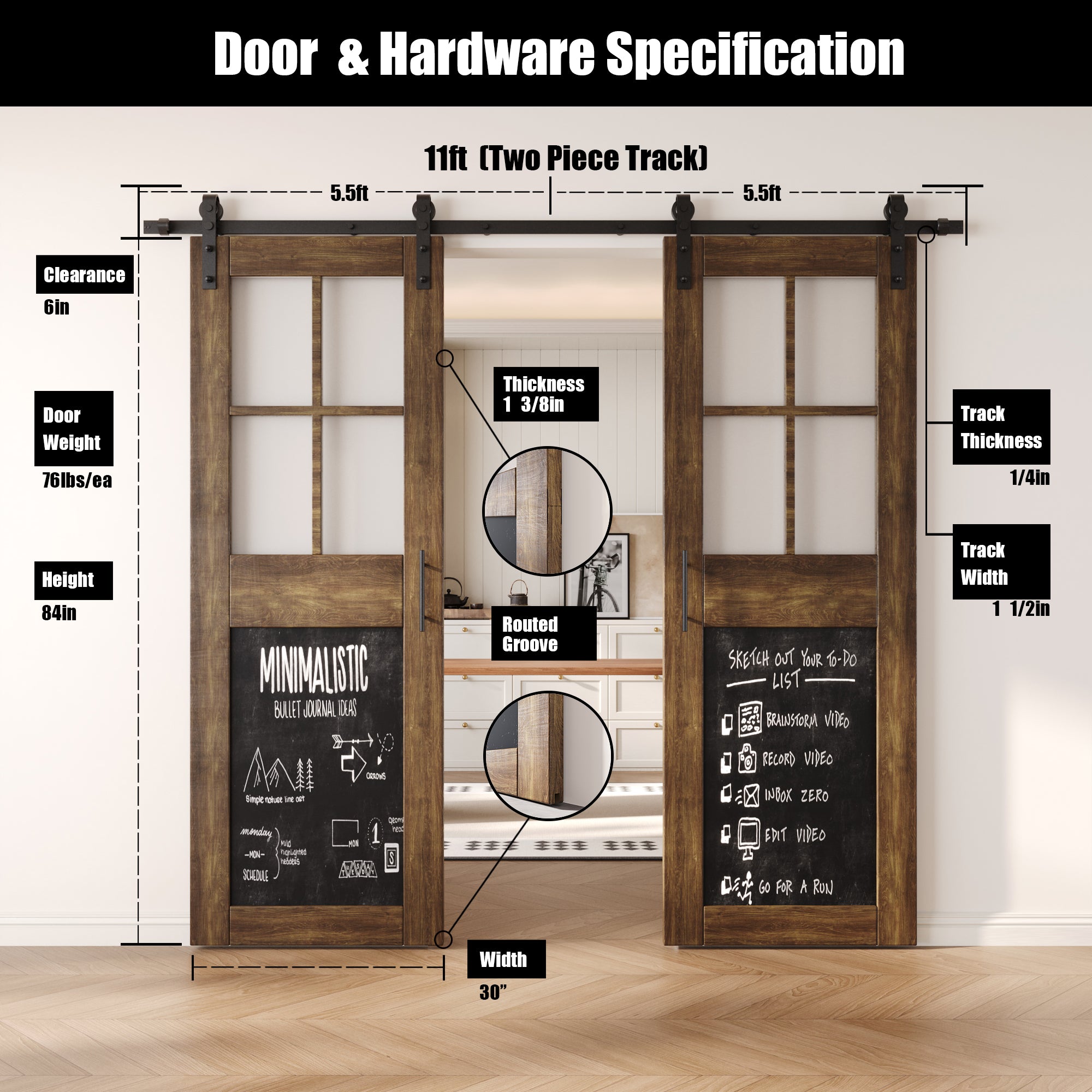 84" Height Dark Walnut Half Lite Chalkboard Double Unassembled & Finished Pine Wood Barn Doors with Non-Bypass Installation Hardware Kit (Interior Use Only)