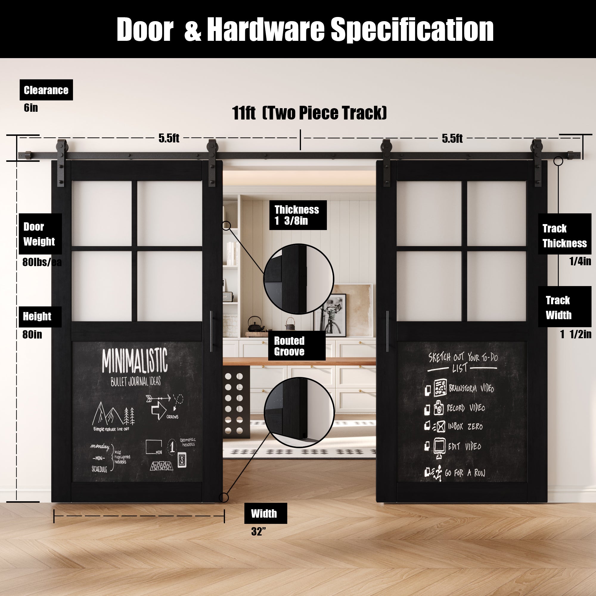 80" Height Black Half Lite Chalkboard Double Unassembled & Finished Pine Wood Barn Doors with Non-Bypass Installation Hardware Kit (Interior Use Only)