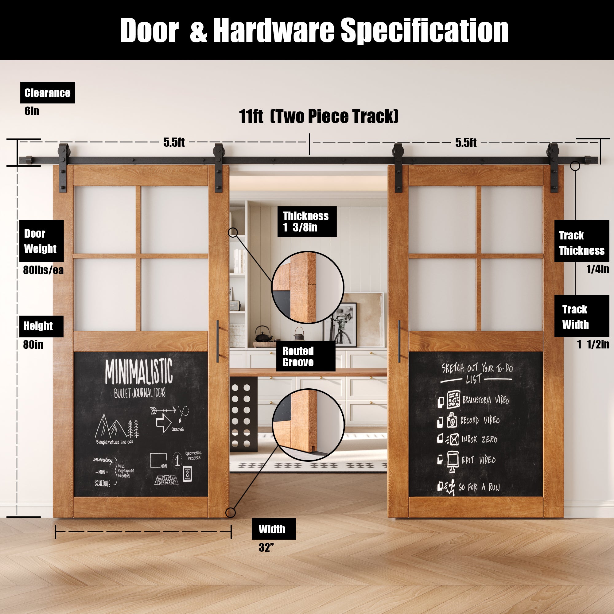 80" Height Half Lite Early American Chalkboard Double Unassembled & Finished Pine Wood Barn Doors with Non-Bypass Installation Hardware Kit (Interior Use Only)