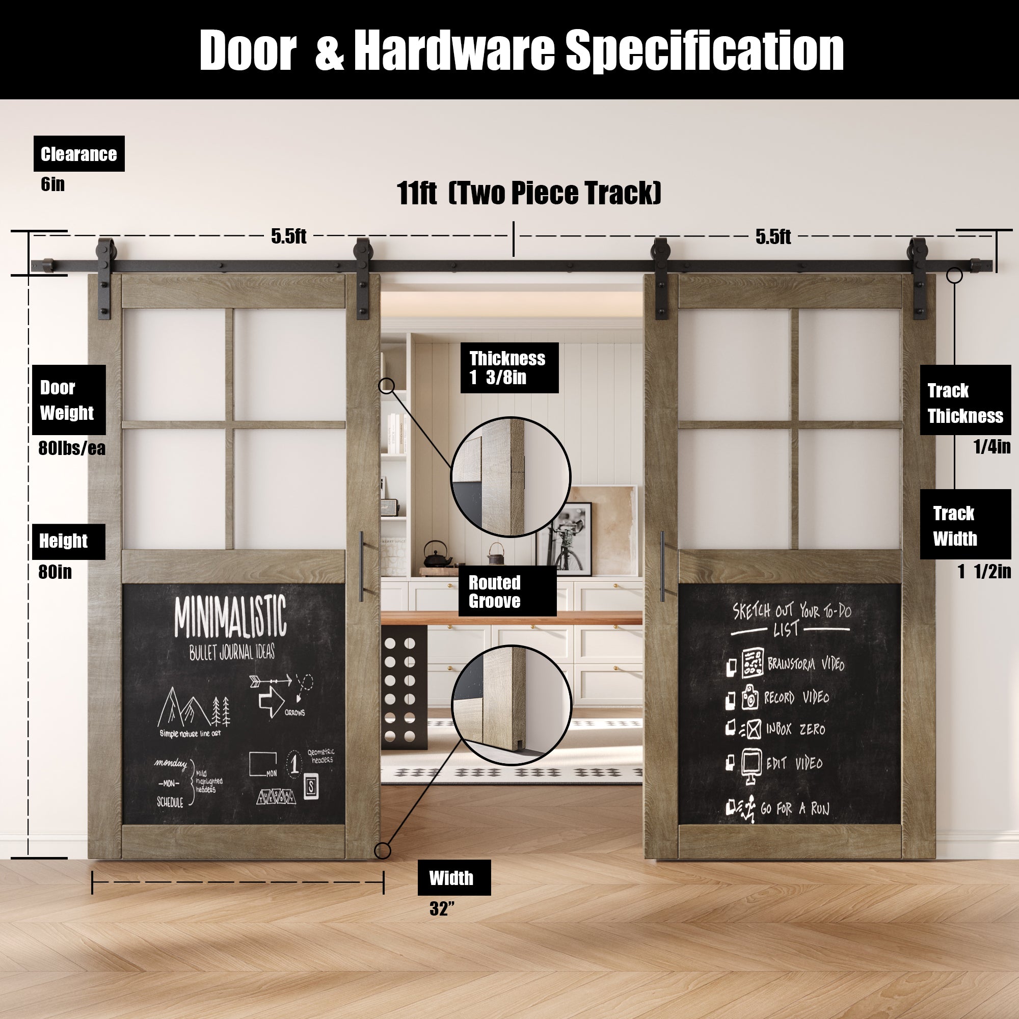 80" Height Classic Gray Half Lite Chalkboard Double Unassembled & Finished Pine Wood Barn Doors with Non-Bypass Installation Hardware Kit (Interior Use Only)