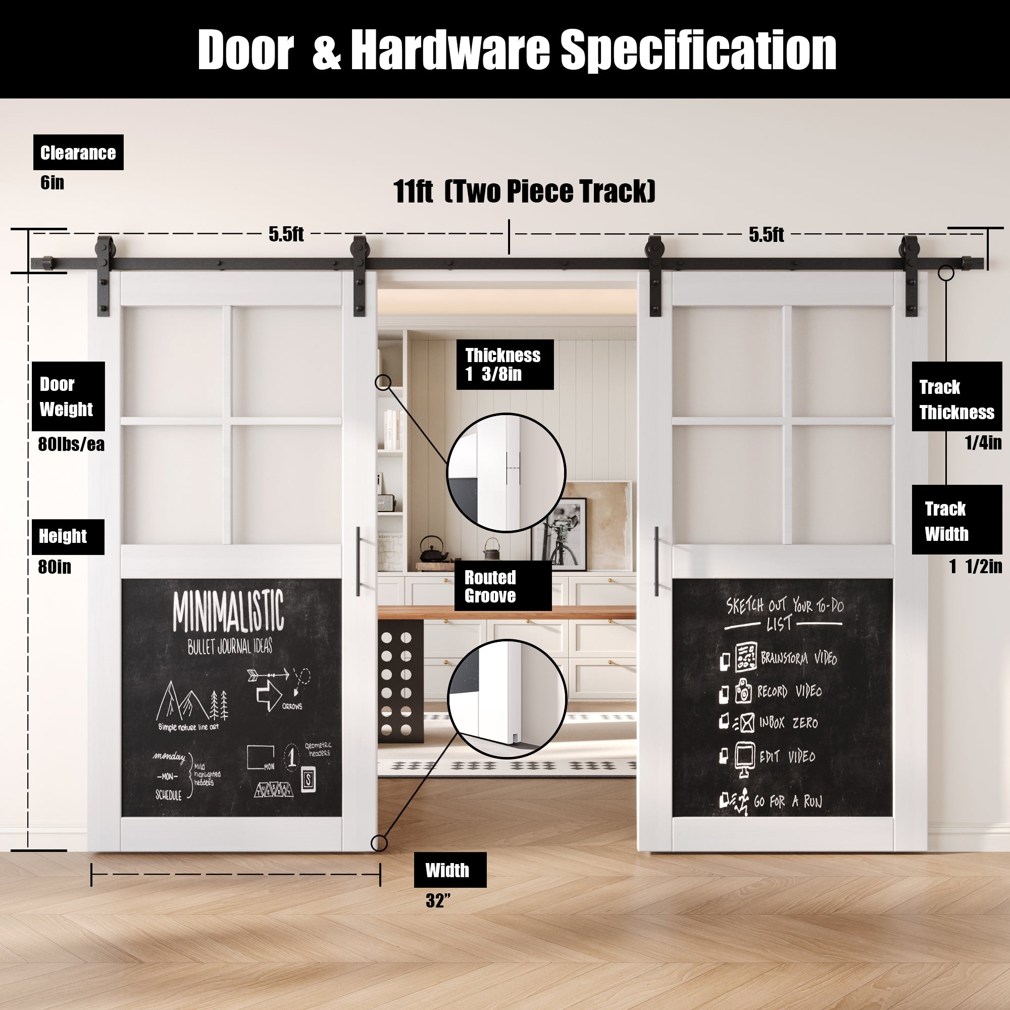 80" Height Half Lite White Chalkboard Double Unassembled & Finished Pine Wood Barn Doors with Non-Bypass Installation Hardware Kit (Interior Use Only)