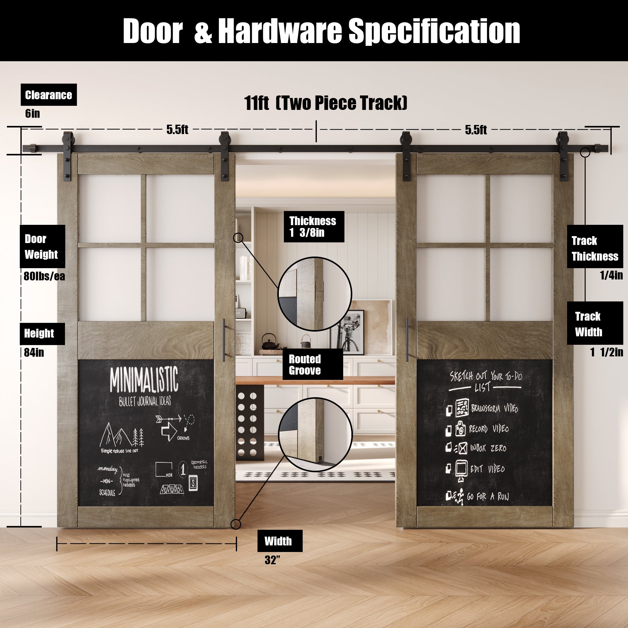84" Height Classic Gray Half Lite Chalkboard Double Unassembled & Finished Pine Wood Barn Doors with Non-Bypass Installation Hardware Kit (Interior Use Only)