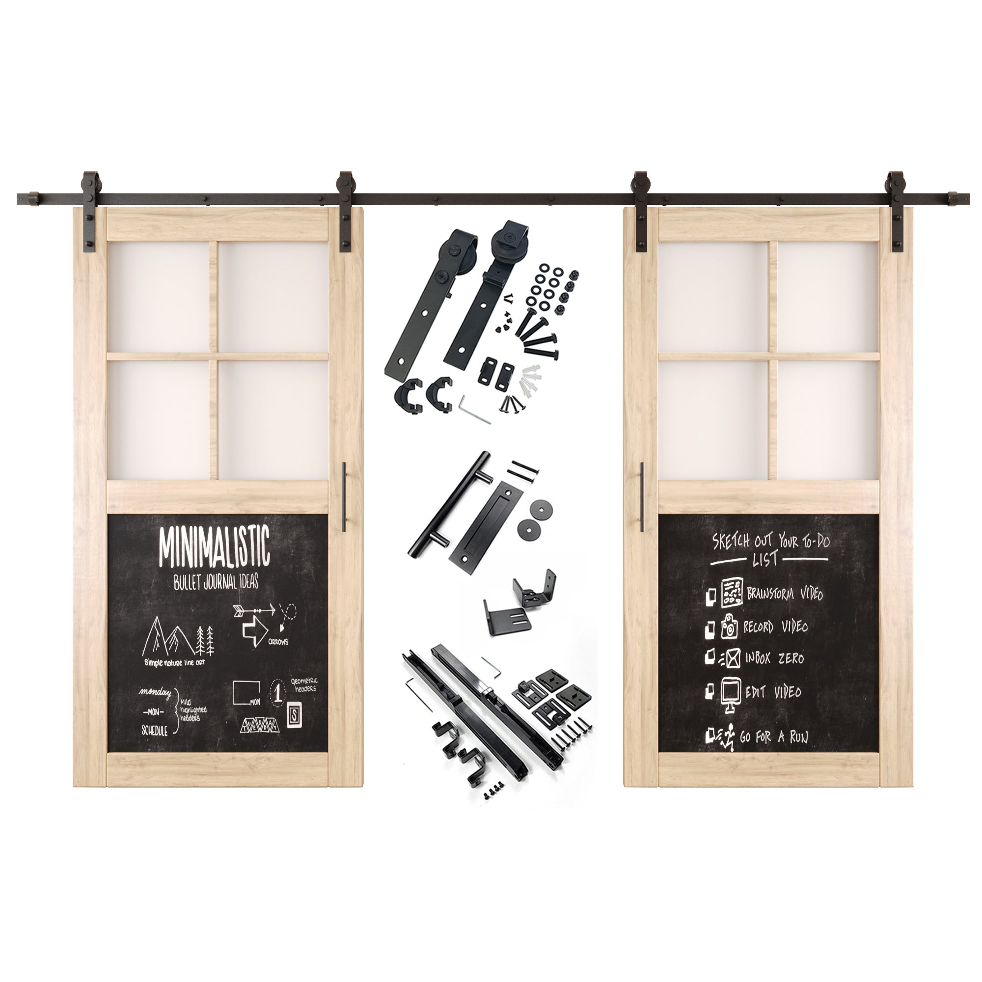 80" Height Half Lite Chalkboard Double Unassembled & Unfinished Pine Wood Barn Doors with Non-Bypass Installation Hardware Kit (Interior Use Only)
