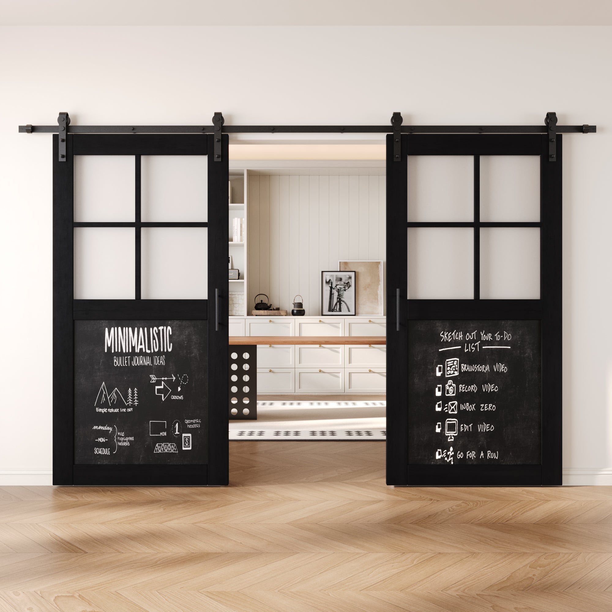 80" Height Black Half Lite Chalkboard Double Unassembled & Finished Pine Wood Barn Doors with Non-Bypass Installation Hardware Kit (Interior Use Only)
