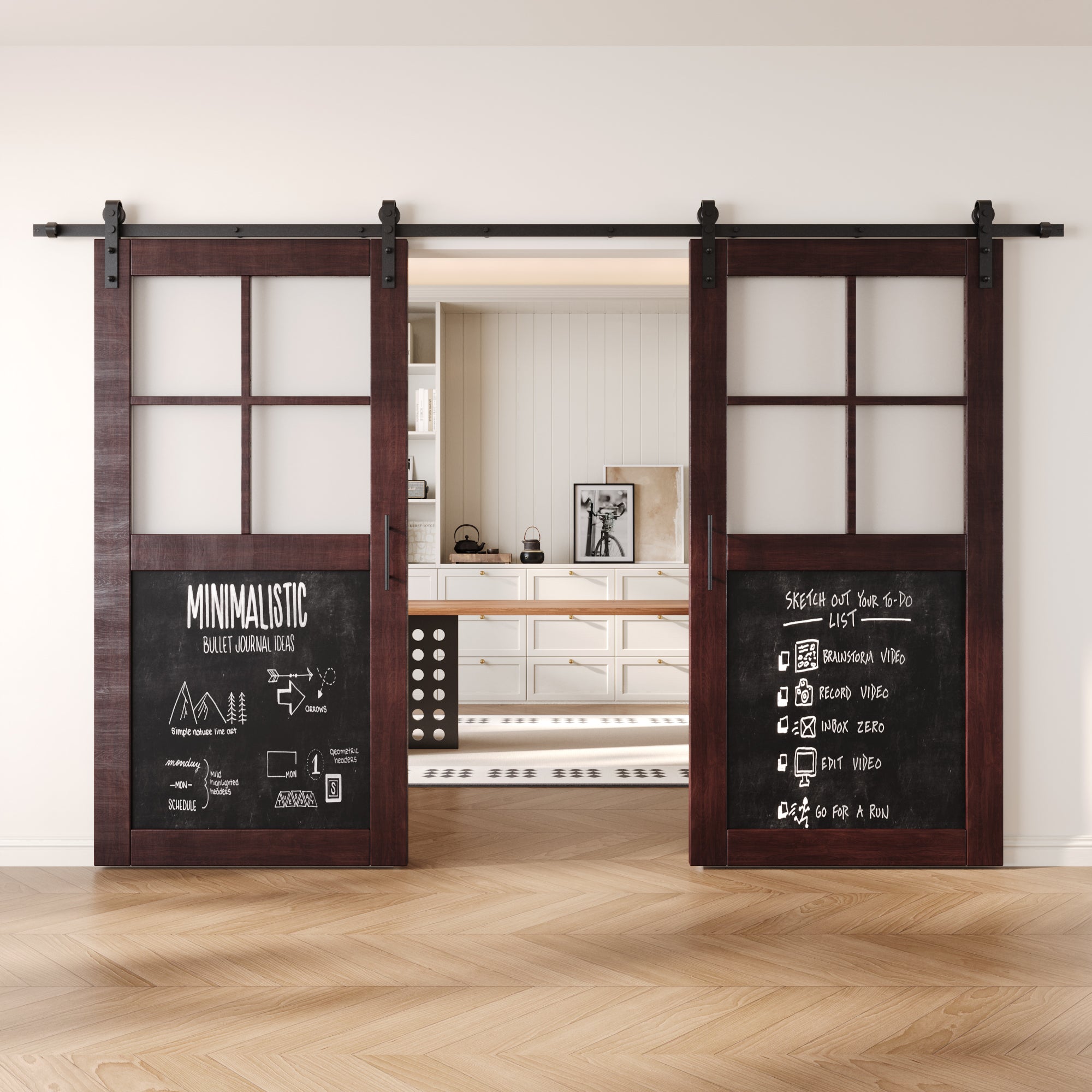 80" Height Half Lite Red Mahogany Chalkboard Double Unassembled & Finished Pine Wood Barn Doors with Non-Bypass Installation Hardware Kit (Interior Use Only)