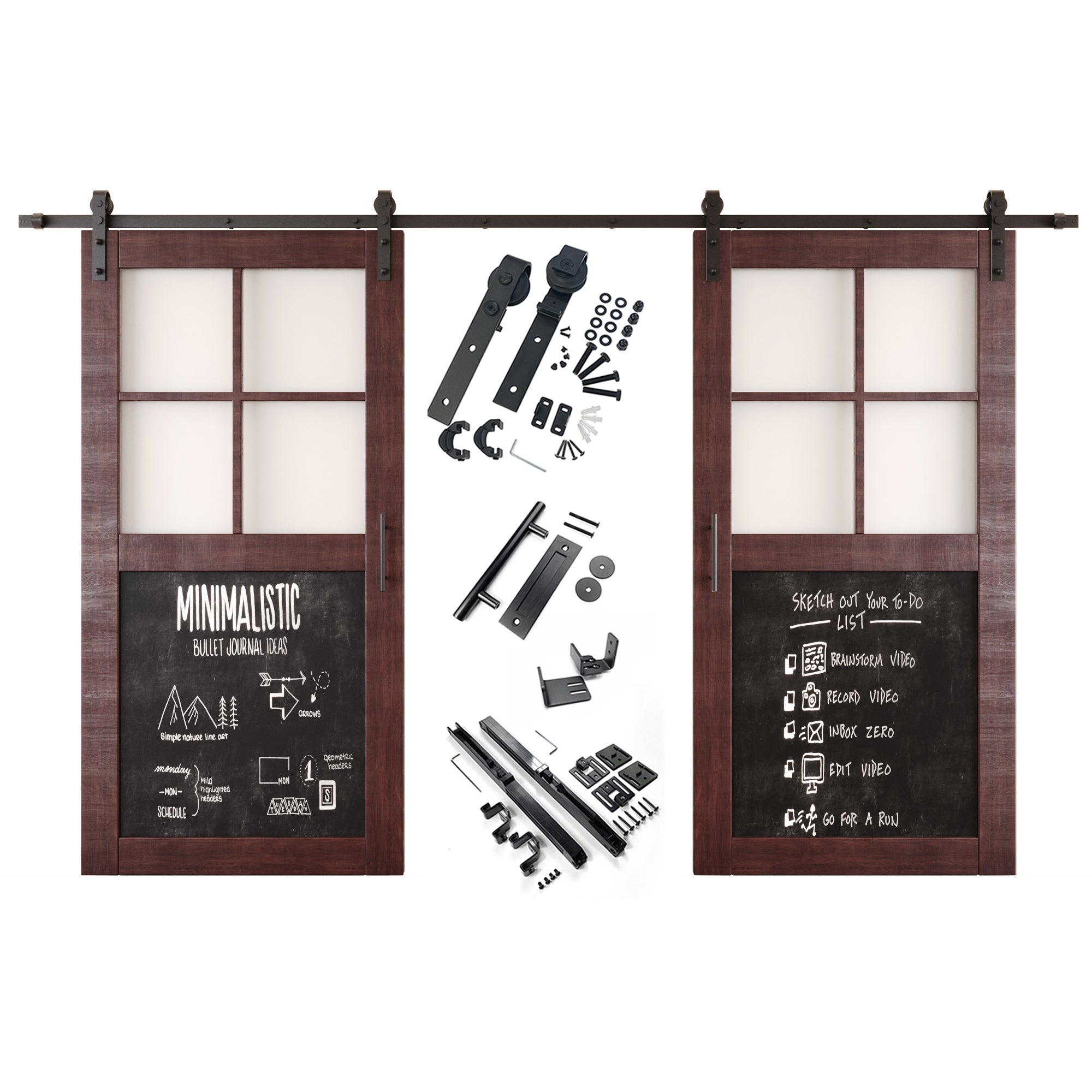 80" Height Half Lite Red Mahogany Chalkboard Double Unassembled & Finished Pine Wood Barn Doors with Non-Bypass Installation Hardware Kit (Interior Use Only)