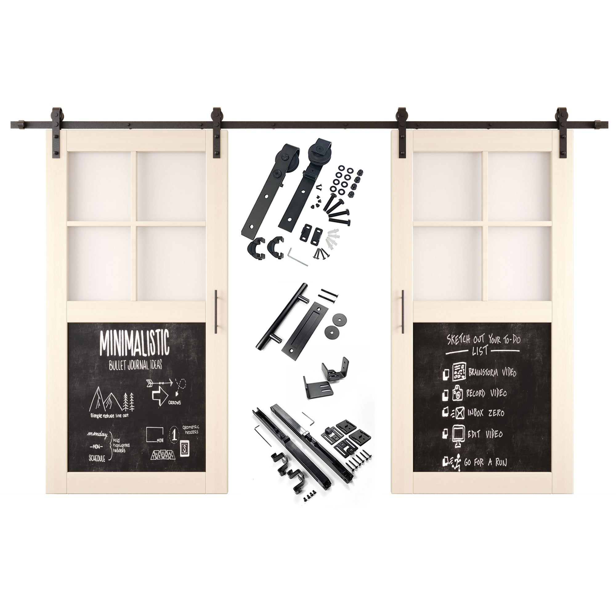 80" Height Half Lite Tinsmith Gray Chalkboard Double Unassembled & Finished Pine Wood Barn Doors with Non-Bypass Installation Hardware Kit (Interior Use Only)