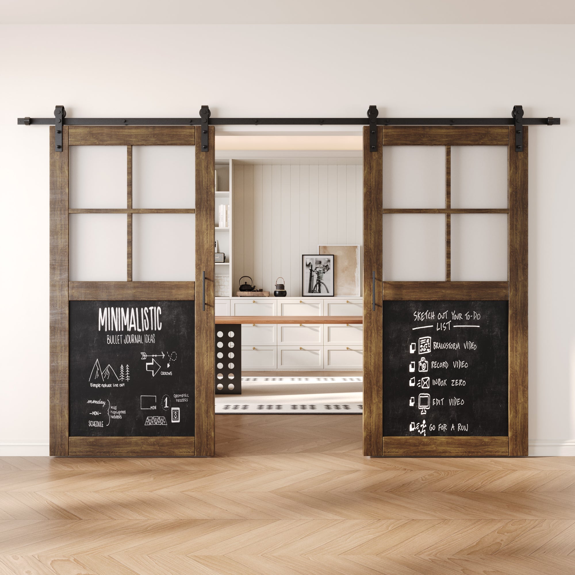 80" Height Dark Walnut Half Lite Chalkboard Double Unassembled & Finished Pine Wood Barn Doors with Non-Bypass Installation Hardware Kit (Interior Use Only)