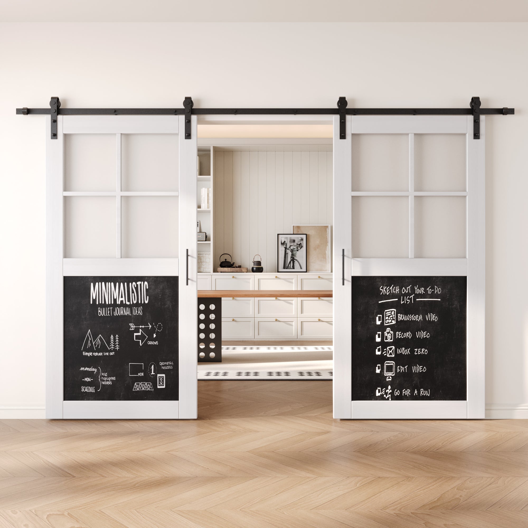 80" Height Half Lite White Chalkboard Double Unassembled & Finished Pine Wood Barn Doors with Non-Bypass Installation Hardware Kit (Interior Use Only)