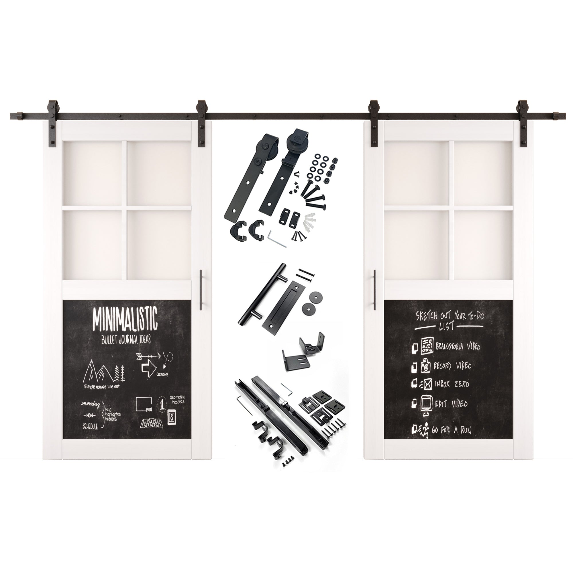 80" Height Half Lite White Chalkboard Double Unassembled & Finished Pine Wood Barn Doors with Non-Bypass Installation Hardware Kit (Interior Use Only)
