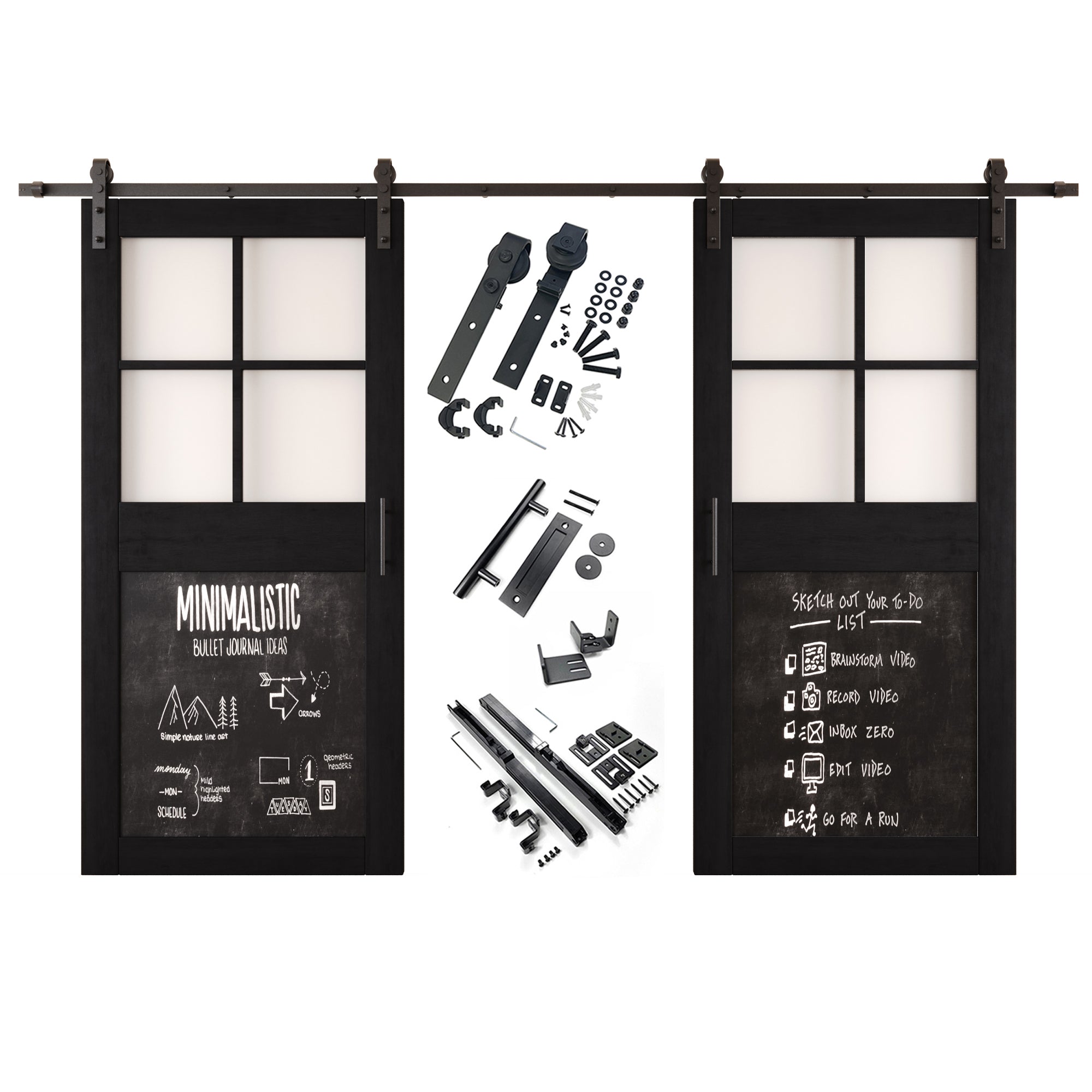 84" Height Black Half Lite Chalkboard Double Unassembled & Finished Pine Wood Barn Doors with Non-Bypass Installation Hardware Kit (Interior Use Only)
