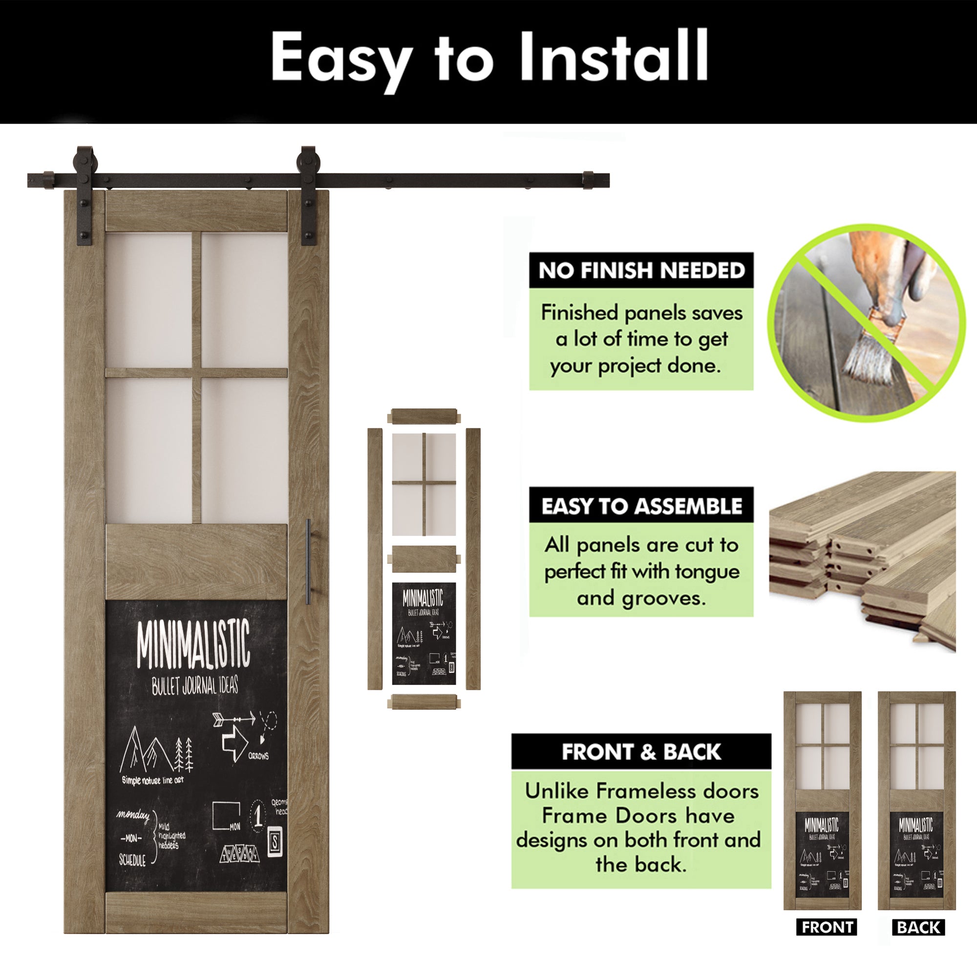 84" Height Classic Gray Half Lite Chalkboard Double Unassembled & Finished Pine Wood Barn Doors with Non-Bypass Installation Hardware Kit (Interior Use Only)