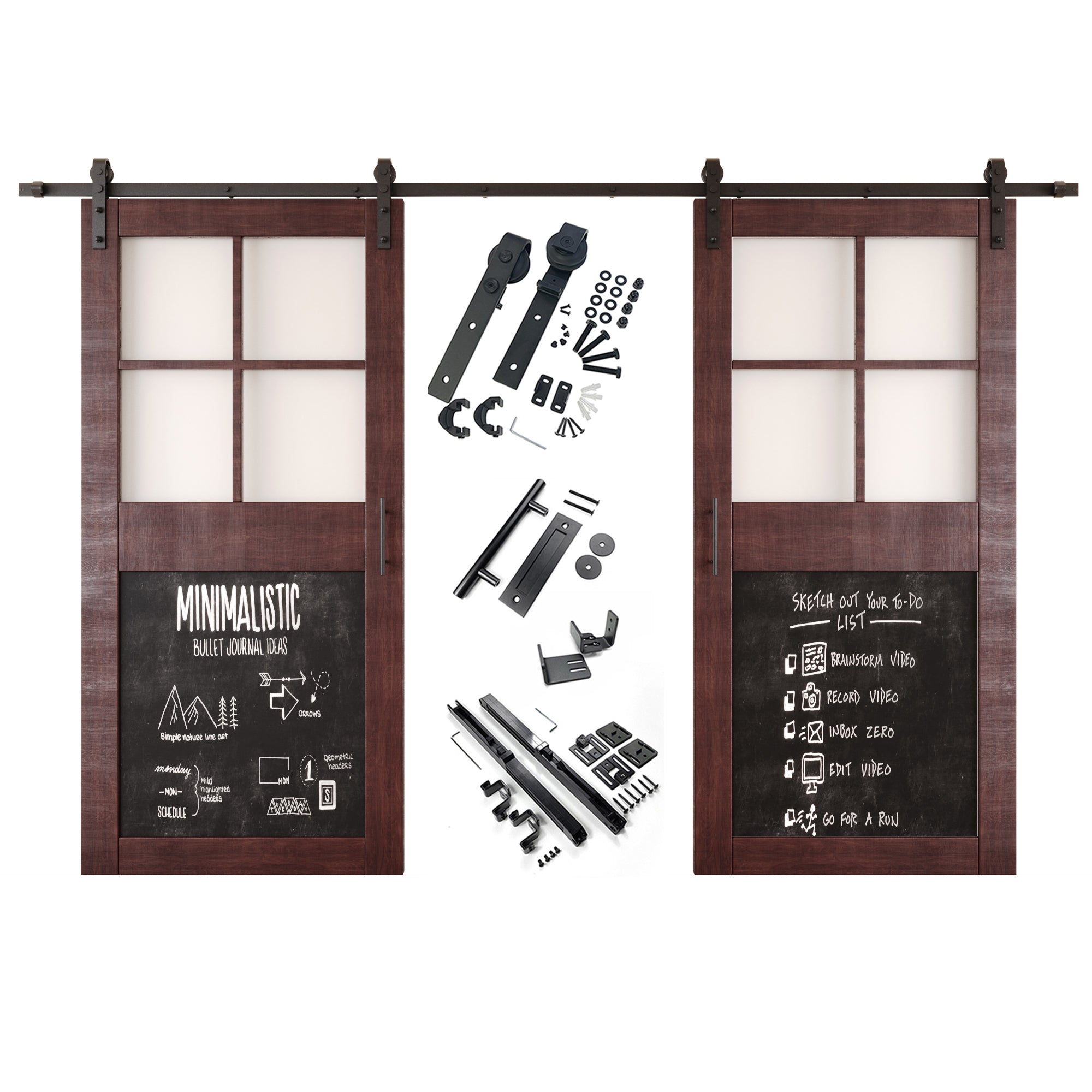 84" Height Red Mahogany Half Lite Chalkboard Double Unassembled & Finished Pine Wood Barn Doors with Non-Bypass Installation Hardware Kit (Interior Use Only)