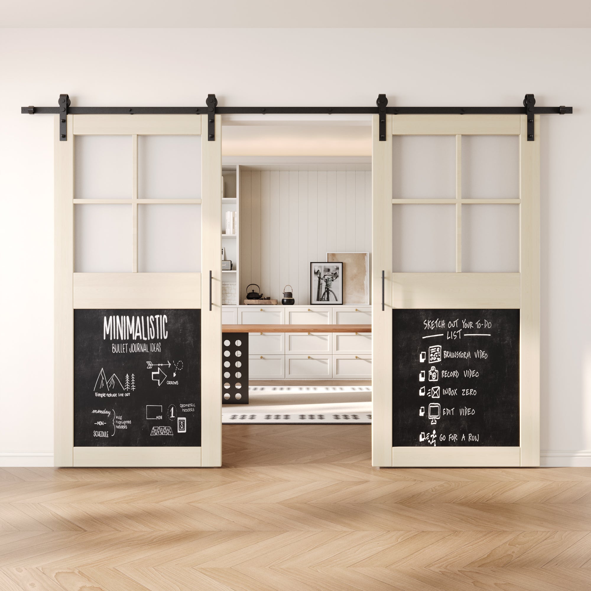 84" Height Tinsmith Gray Half Lite Chalkboard Double Unassembled & Finished Pine Wood Barn Doors with Non-Bypass Installation Hardware Kit (Interior Use Only)