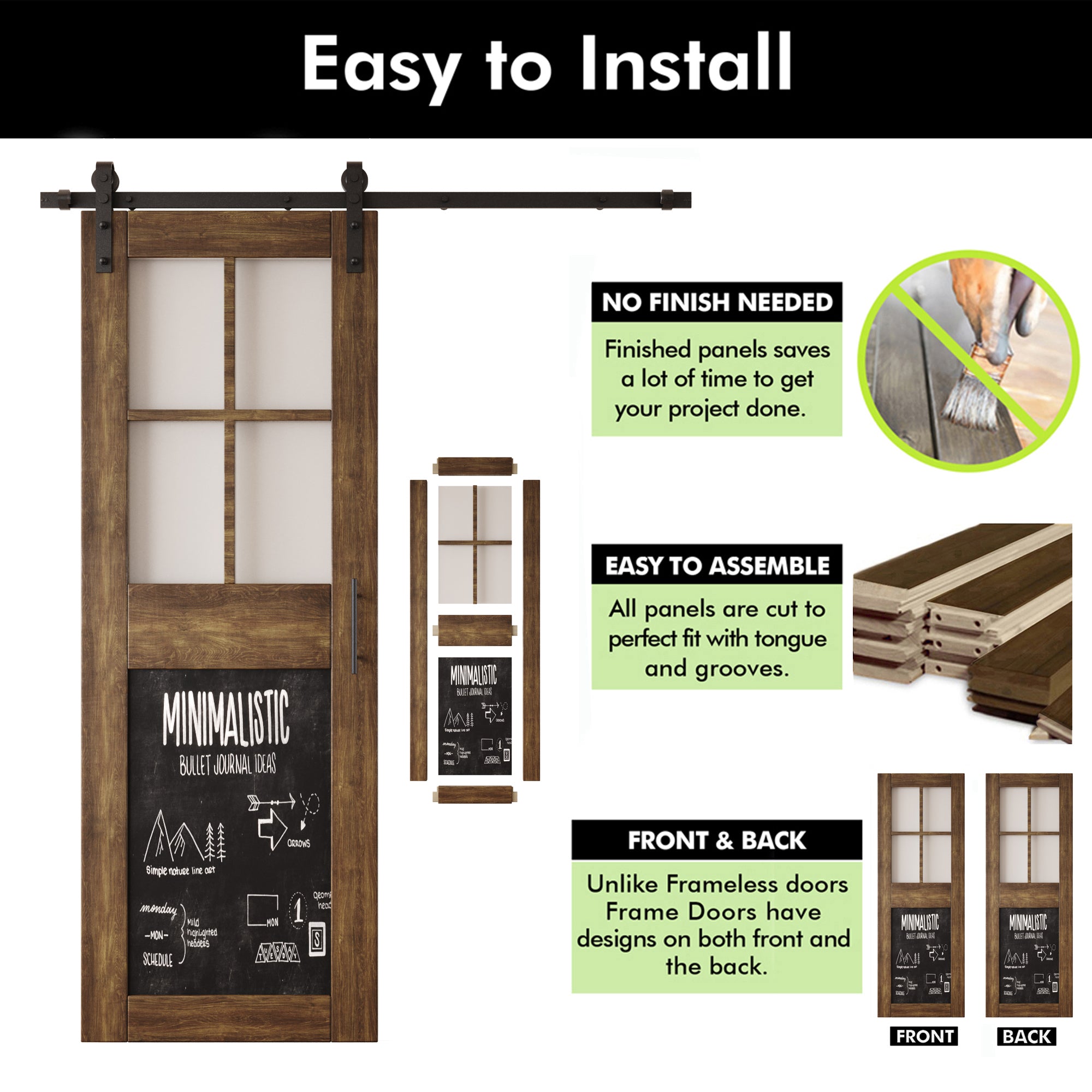 84" Height Dark Walnut Half Lite Chalkboard Double Unassembled & Finished Pine Wood Barn Doors with Non-Bypass Installation Hardware Kit (Interior Use Only)