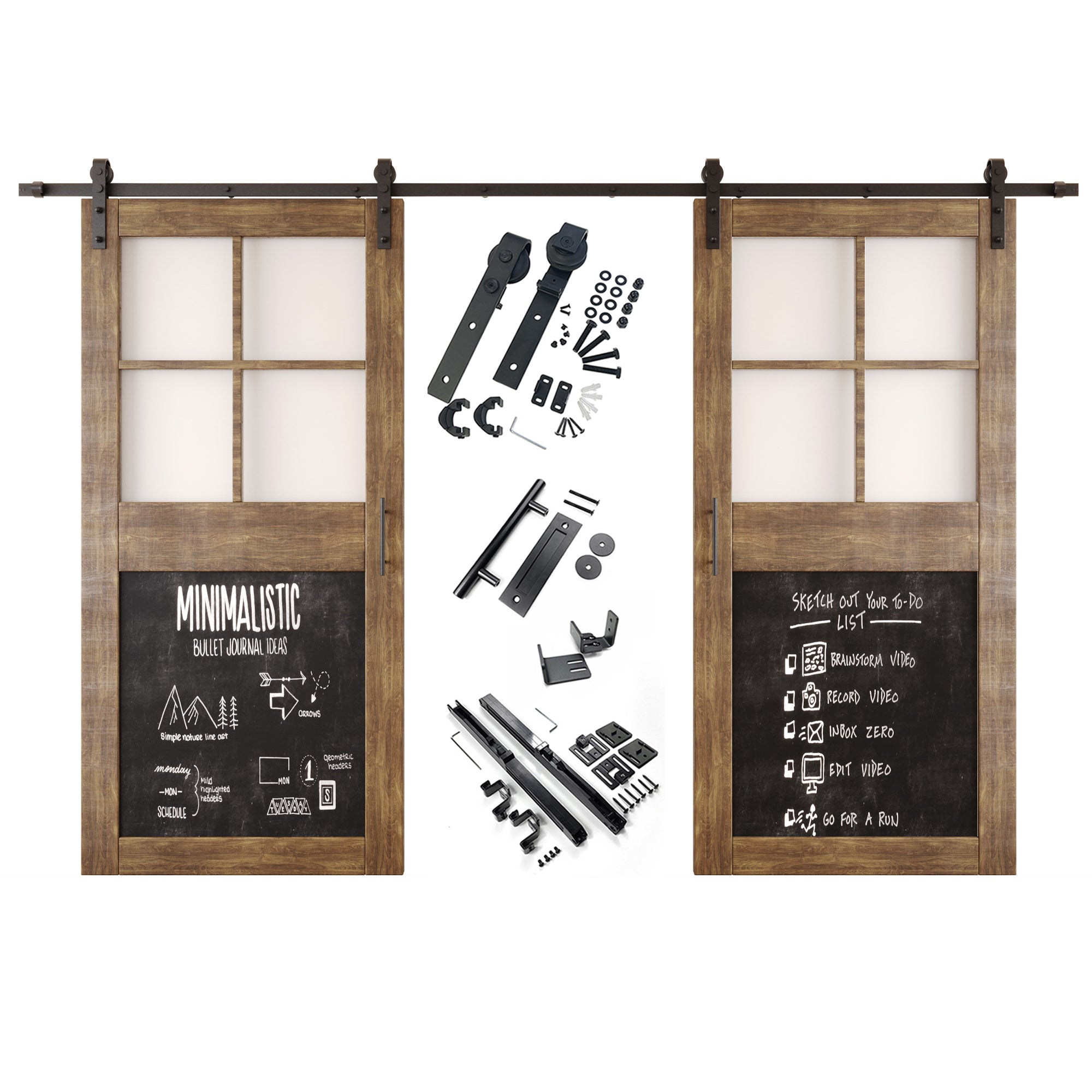 84" Height Dark Walnut Half Lite Chalkboard Double Unassembled & Finished Pine Wood Barn Doors with Non-Bypass Installation Hardware Kit (Interior Use Only)