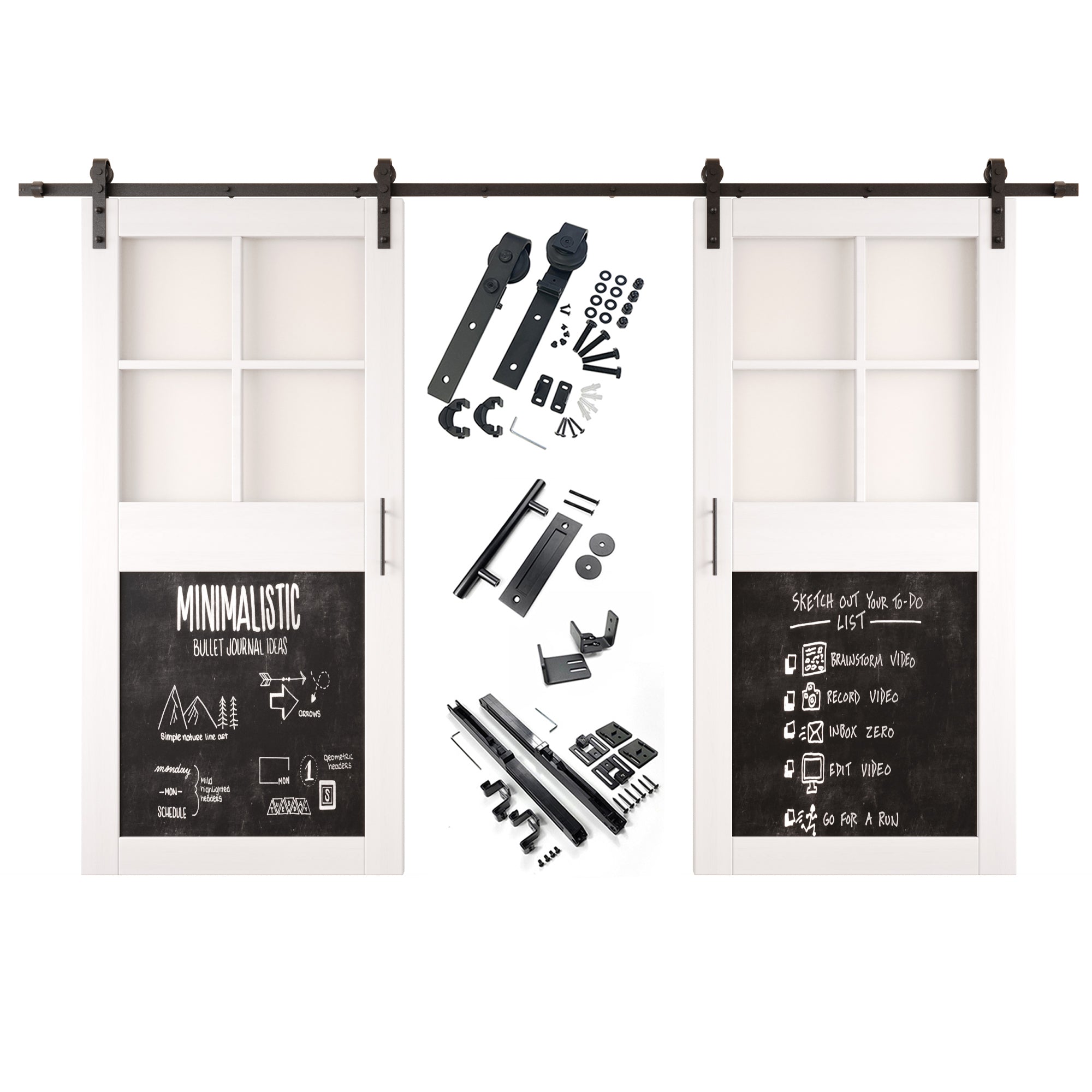 84" Height White Half Lite Chalkboard Double Unassembled & Finished Pine Wood Barn Doors with Non-Bypass Installation Hardware Kit (Interior Use Only)