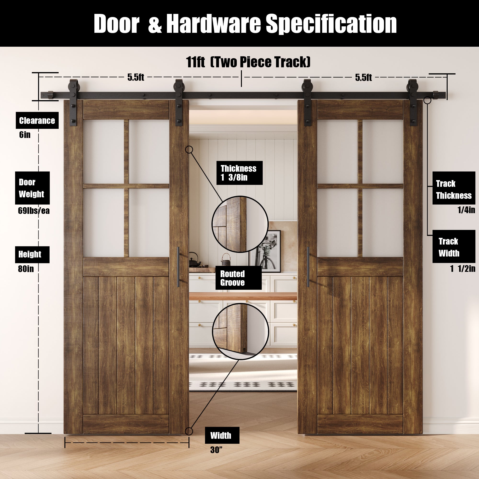 80" Height Dark Walnut Half Lite Grid Glass Double Unassembled & Finished Pine Wood Barn Doors with Non-Bypass Installation Hardware Kit (Interior Use Only)