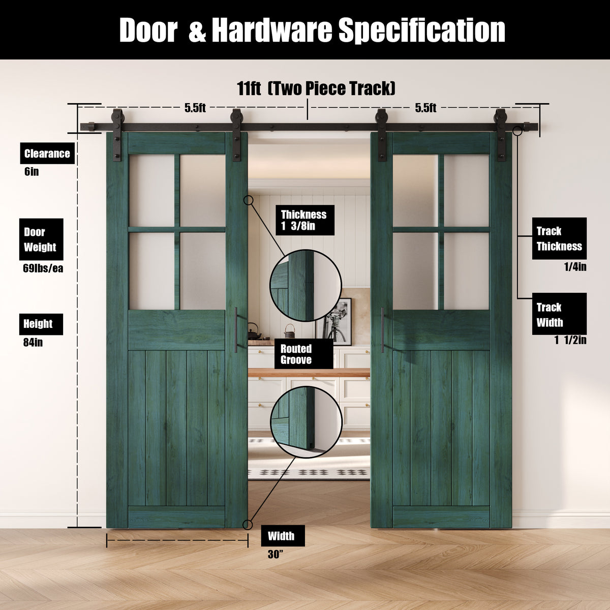 84" Height Royal Pine Half Lite Grid Glass Double Unassembled & Finished Pine Wood Barn Doors with Non-Bypass Installation Hardware Kit (Interior Use Only)