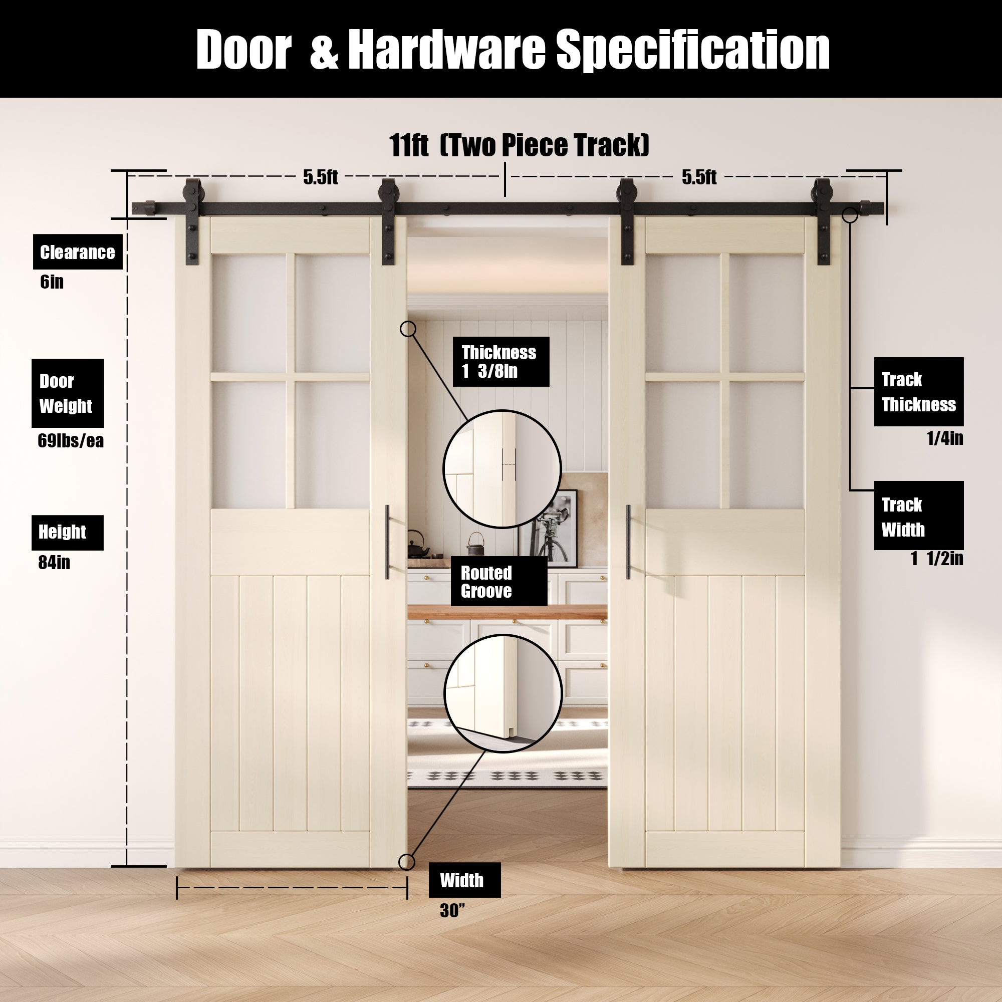 84" Height Tinsmith Gray Half Lite Grid Glass Double Unassembled & Finished Pine Wood Barn Doors with Non-Bypass Installation Hardware Kit (Interior Use Only)