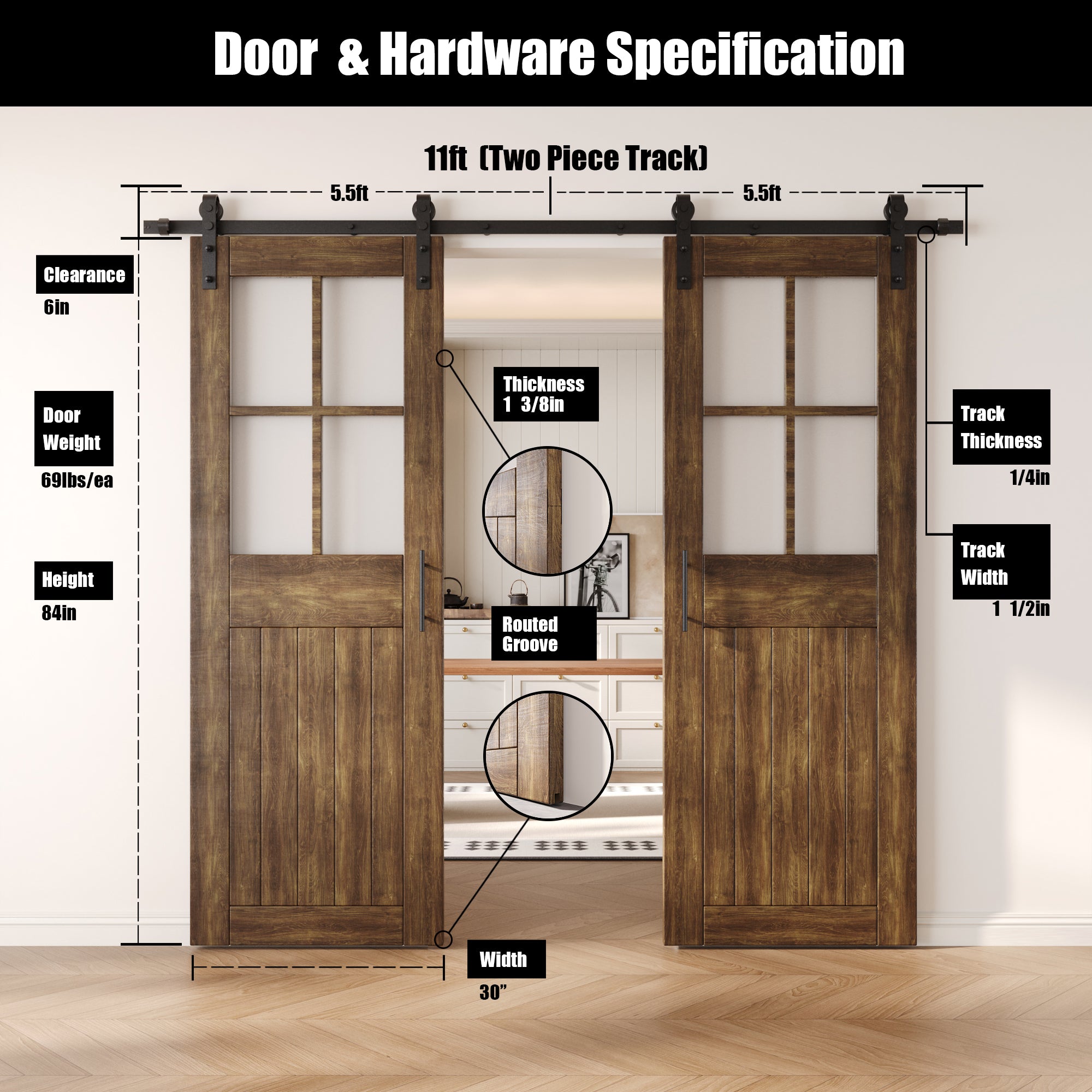 84" Height Dark Walnut Half Lite Grid Glass Double Unassembled & Finished Pine Wood Barn Doors with Non-Bypass Installation Hardware Kit (Interior Use Only)