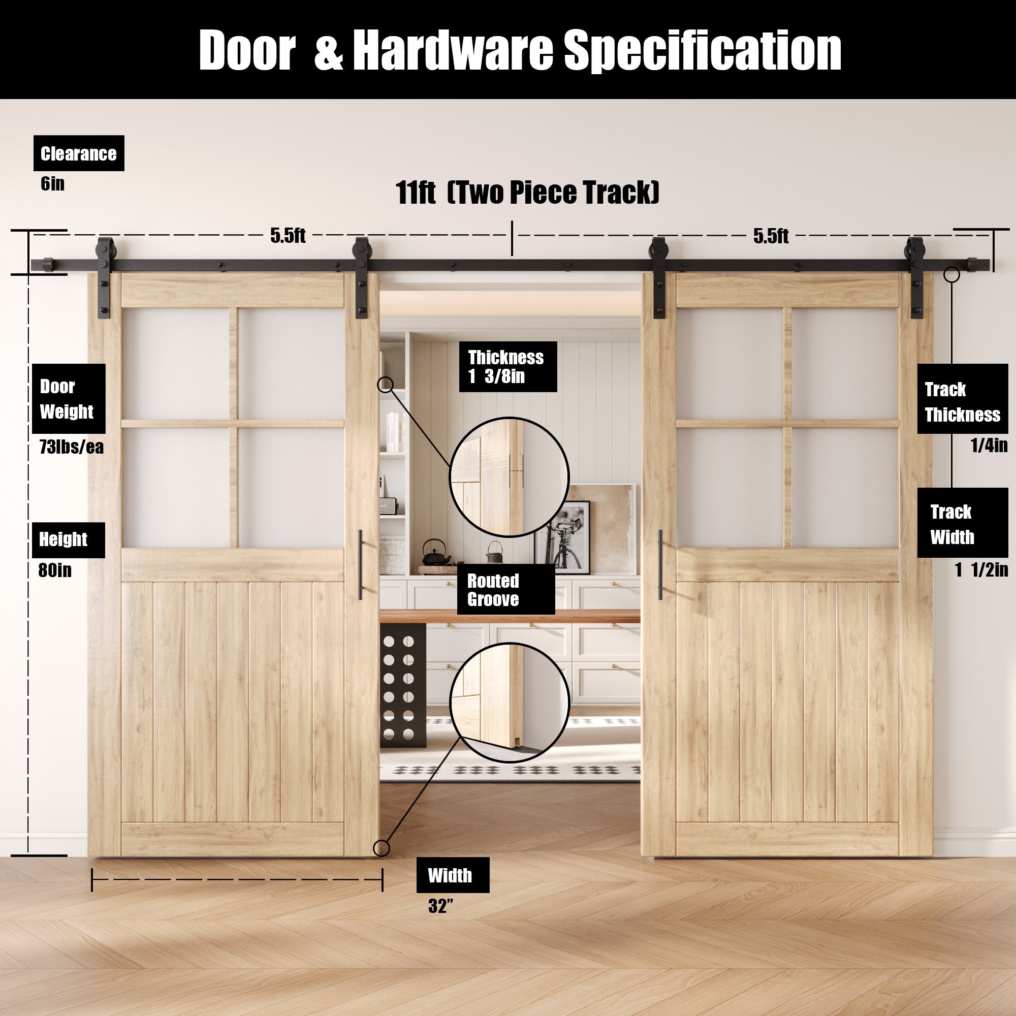 80" Height Half Lite Grid Glass Double Unassembled & Unfinished Pine Wood Barn Doors with Non-Bypass Installation Hardware Kit (Interior Use Only)