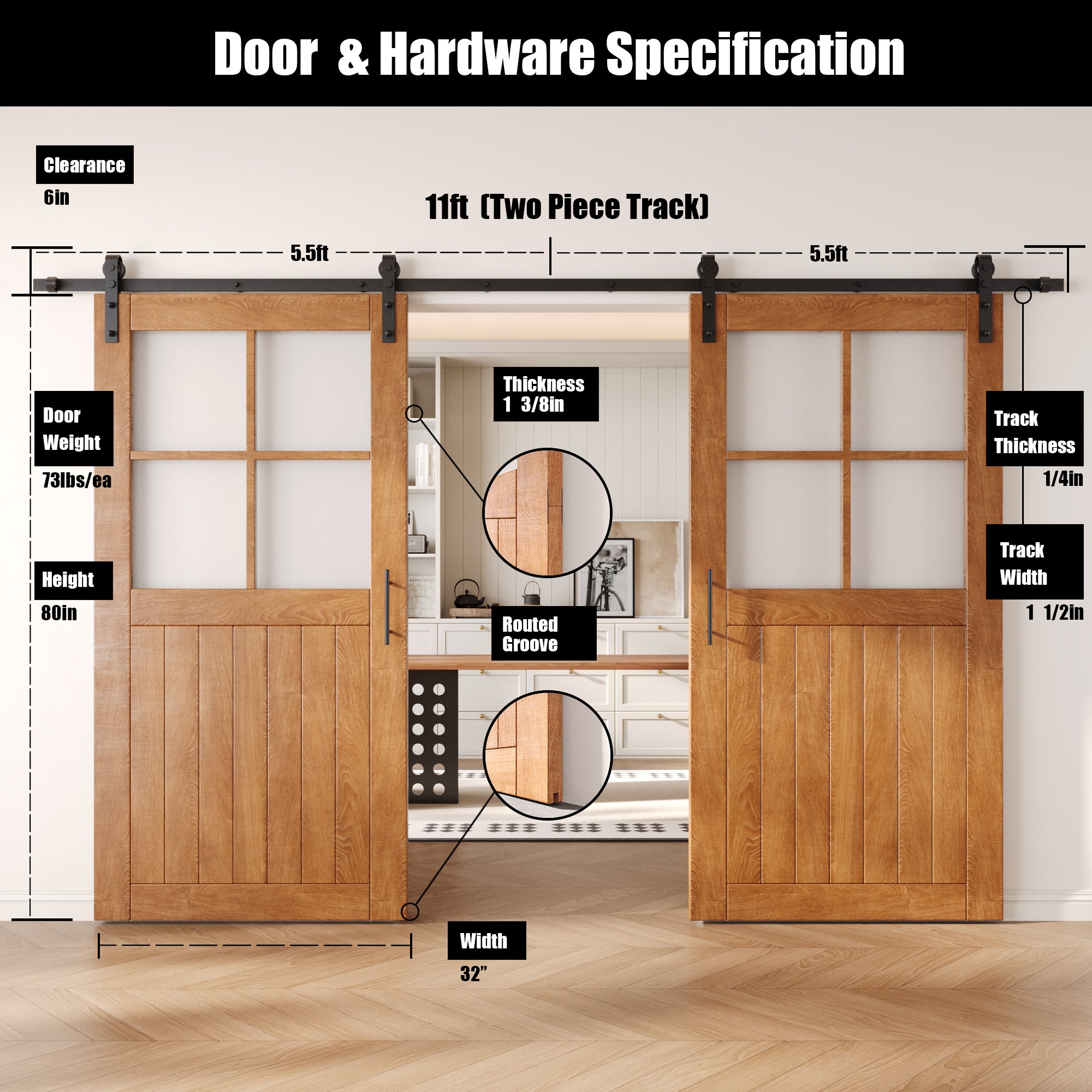 80" Height Early American Half Lite Grid Glass Double Unassembled & Finished Pine Wood Barn Doors with Non-Bypass Installation Hardware Kit (Interior Use Only)