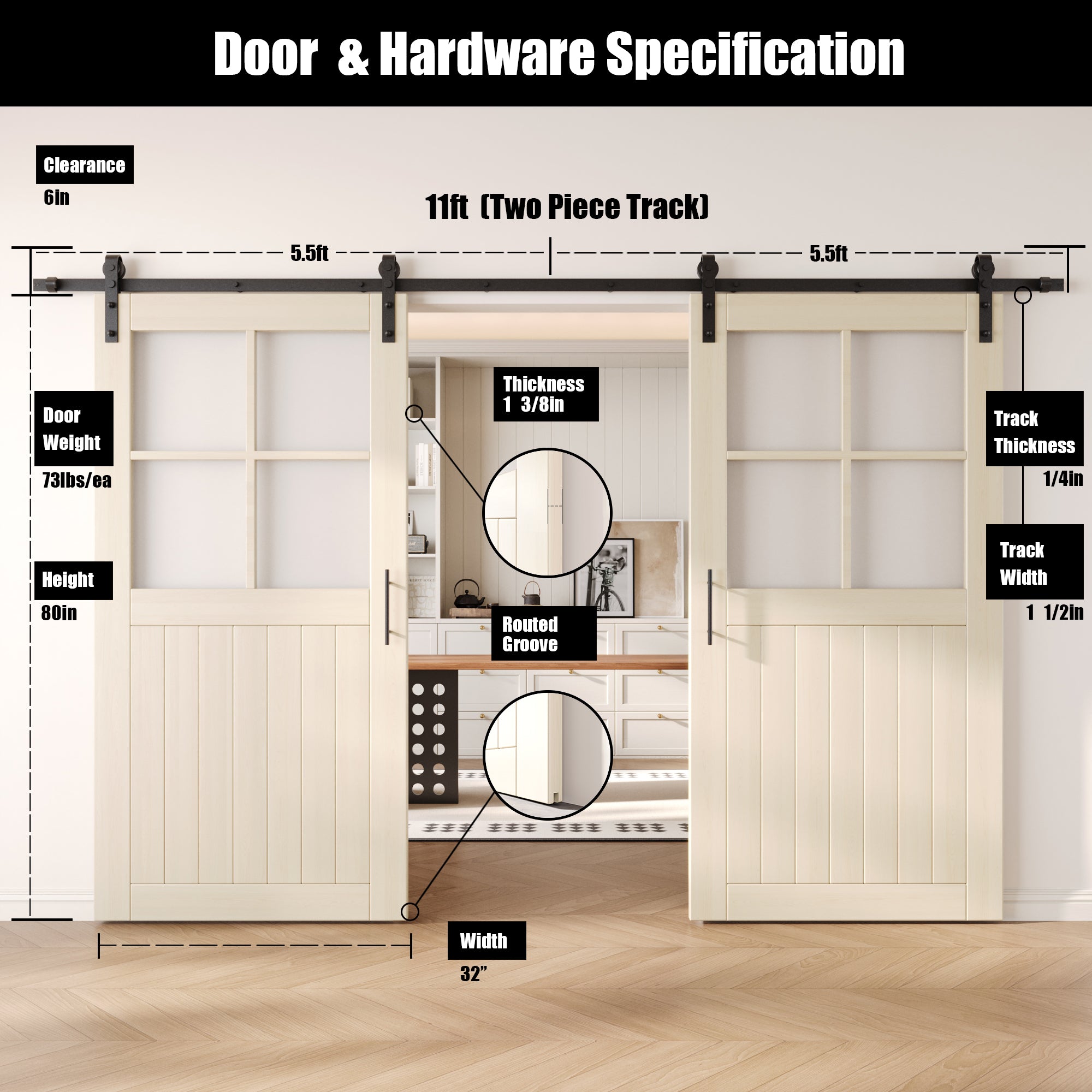 80" Height Tinsmith Gray Half Lite Grid Glass Double Unassembled & Finished Pine Wood Barn Doors with Non-Bypass Installation Hardware Kit (Interior Use Only)