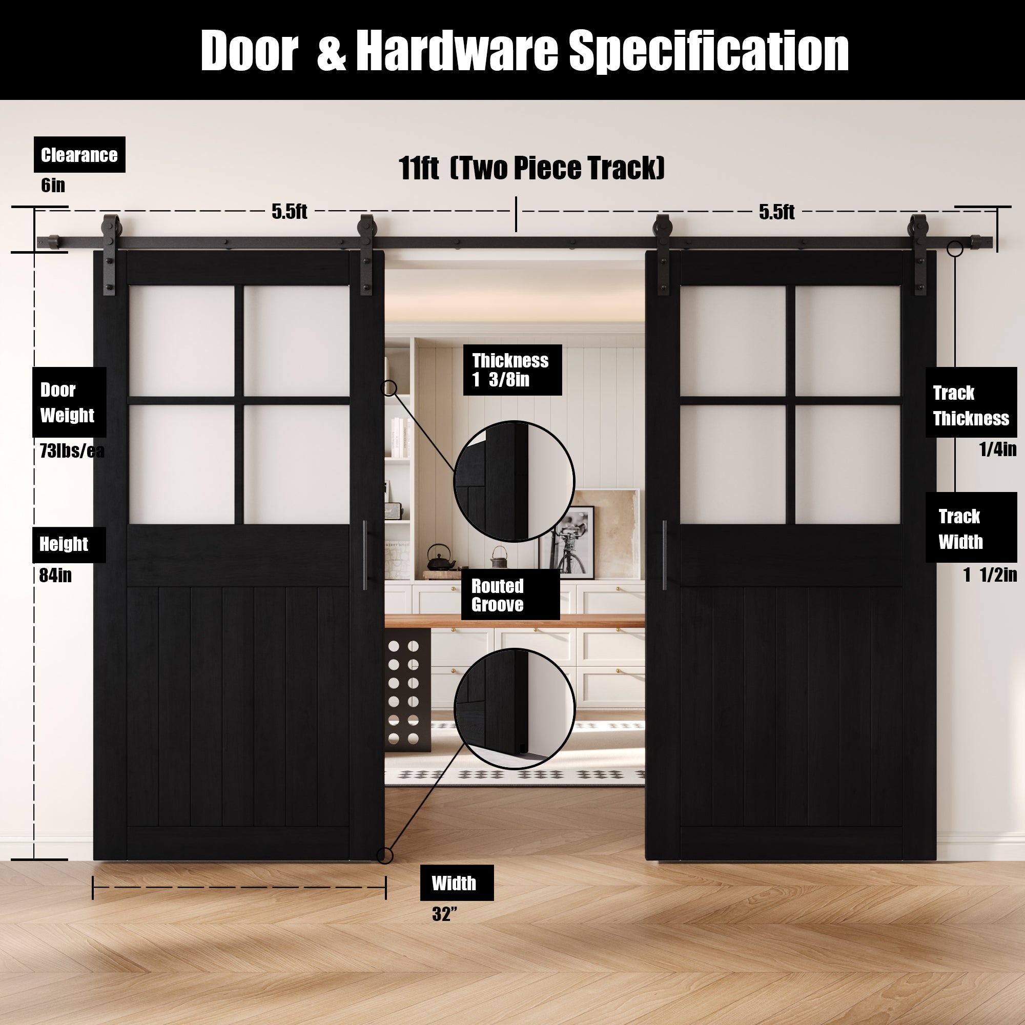 84" Height Black Half Lite Grid Glass Double Unassembled & Finished Pine Wood Barn Doors with Non-Bypass Installation Hardware Kit (Interior Use Only)