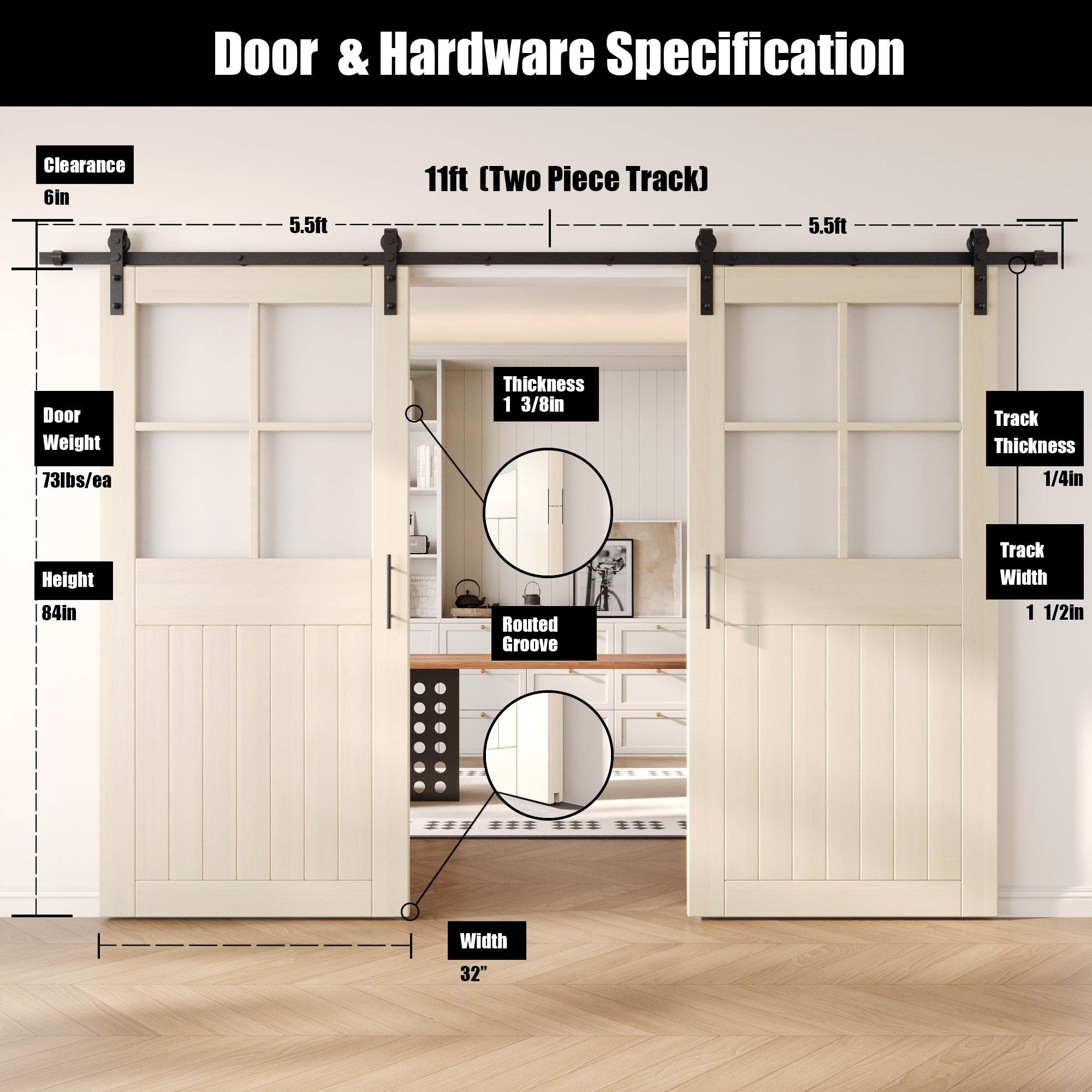 84" Height Tinsmith Gray Half Lite Grid Glass Double Unassembled & Finished Pine Wood Barn Doors with Non-Bypass Installation Hardware Kit (Interior Use Only)
