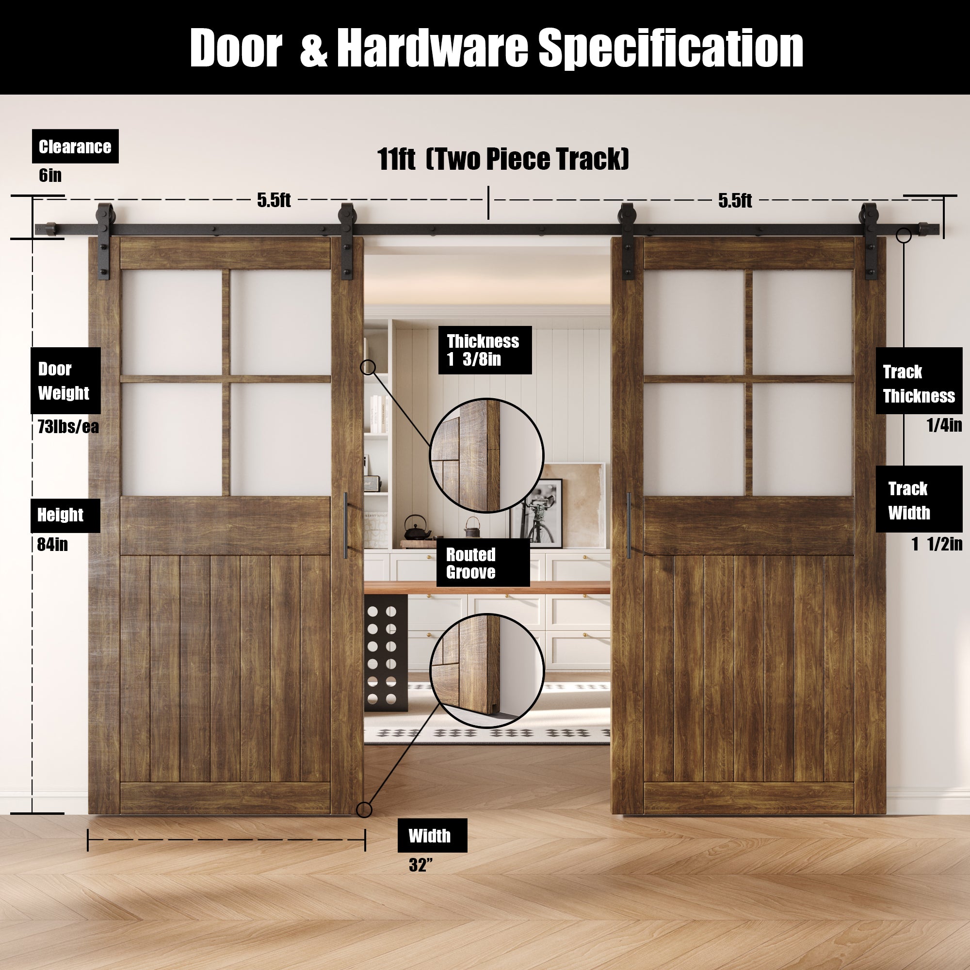84" Height Dark Walnut Half Lite Grid Glass Double Unassembled & Finished Pine Wood Barn Doors with Non-Bypass Installation Hardware Kit (Interior Use Only)