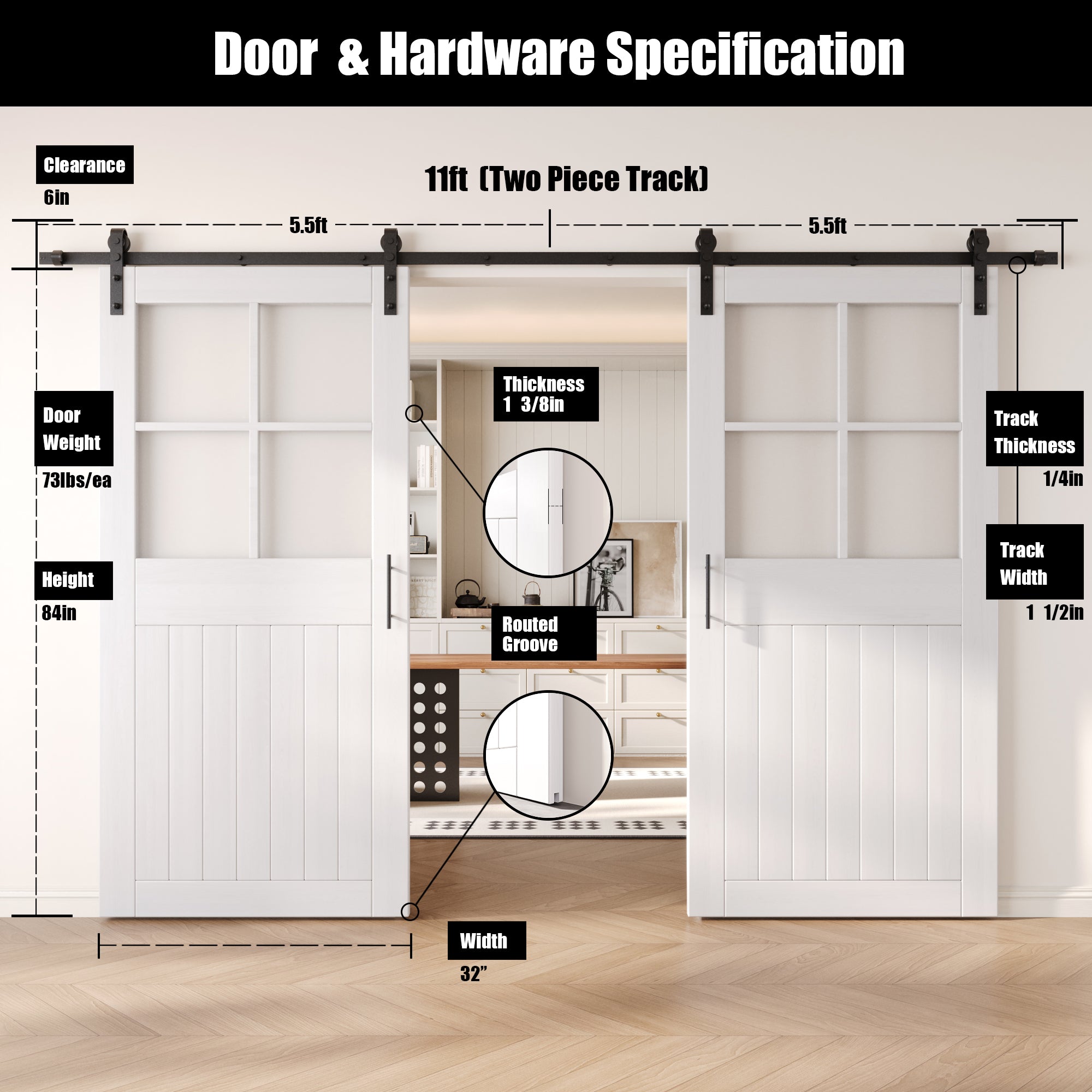 84" Height White Half Lite Grid Glass Double Unassembled & Finished Pine Wood Barn Doors with Non-Bypass Installation Hardware Kit (Interior Use Only)