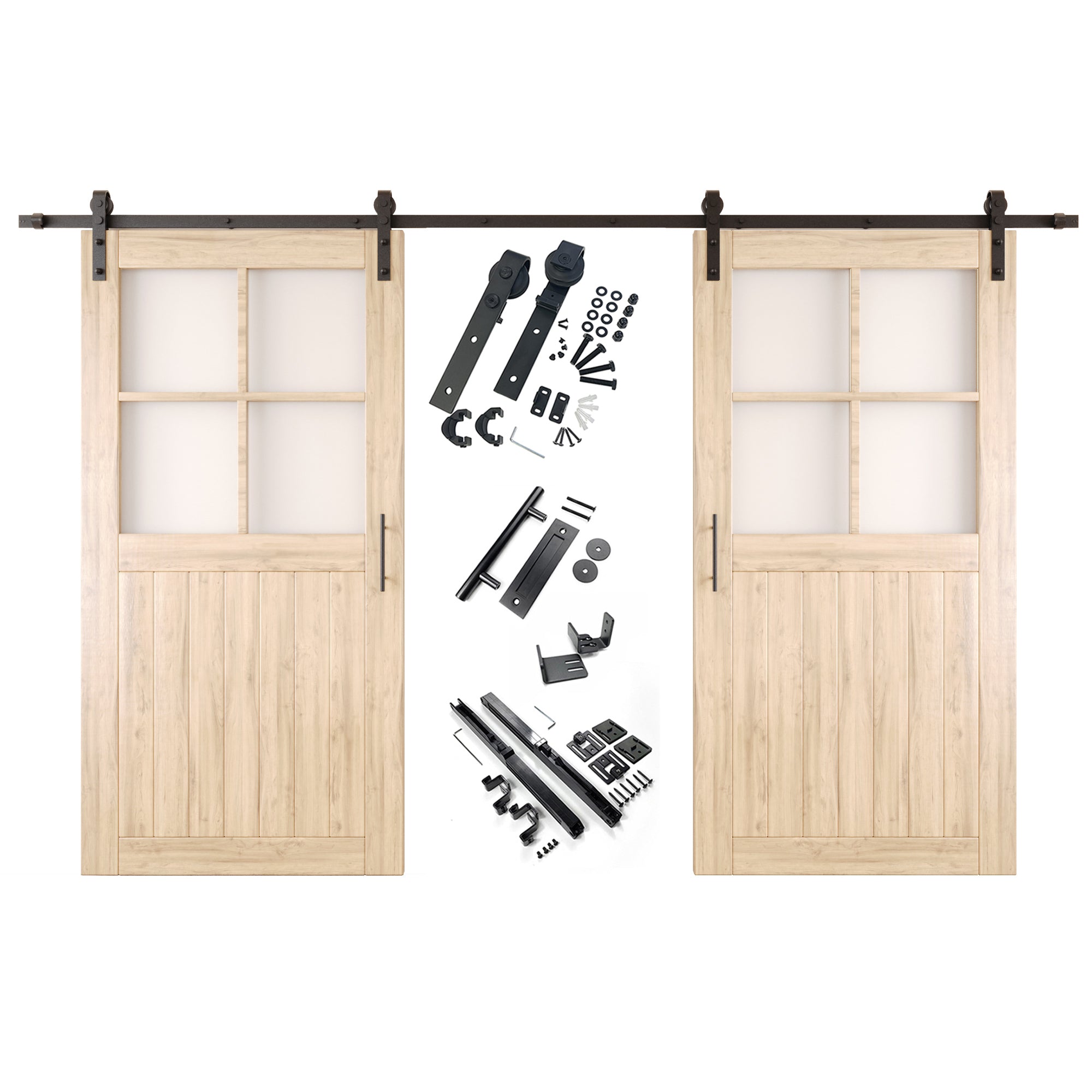 80" Height Half Lite Grid Glass Double Unassembled & Unfinished Pine Wood Barn Doors with Non-Bypass Installation Hardware Kit (Interior Use Only)