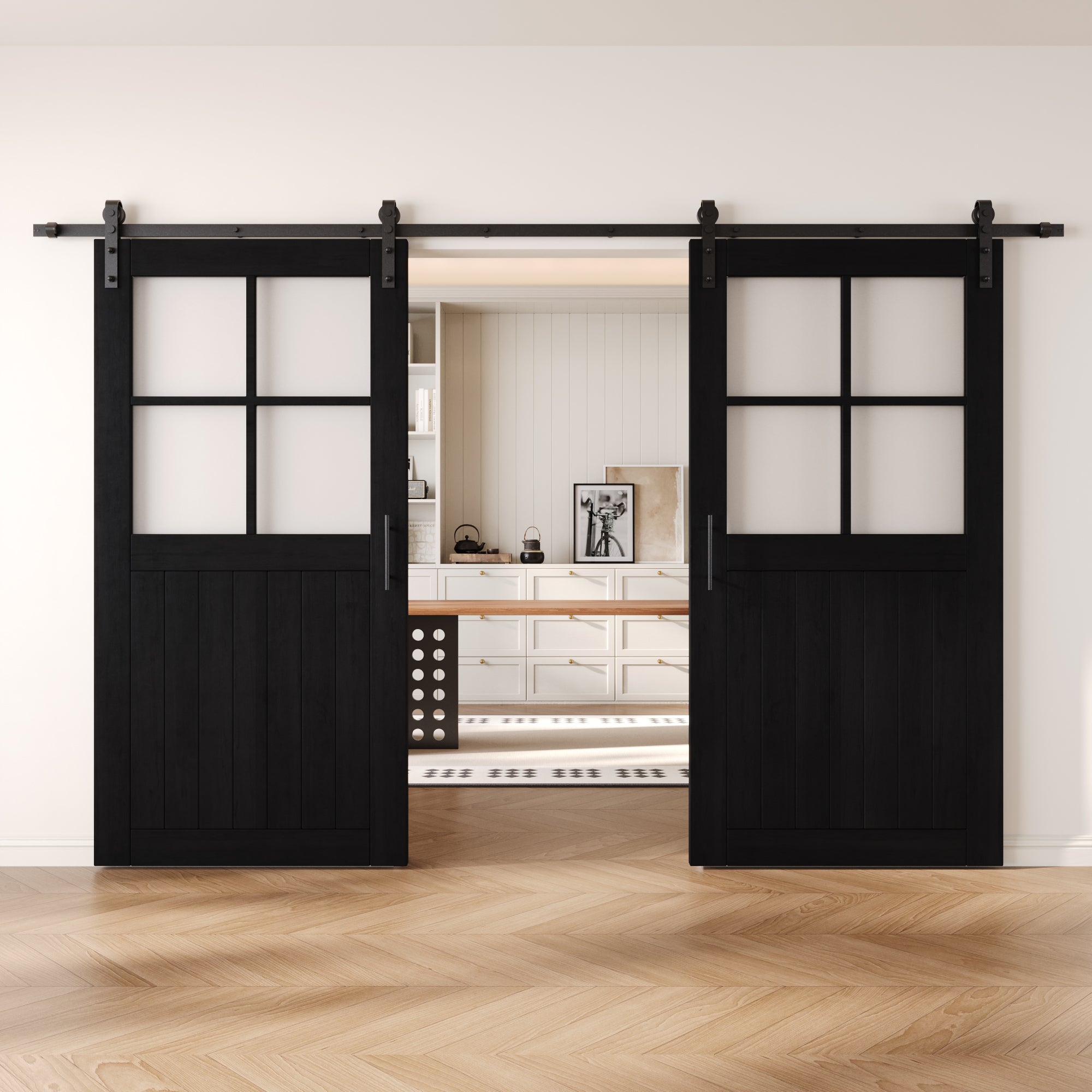 80" Height Black Half Lite Grid Glass Double Unassembled & Finished Pine Wood Barn Doors with Non-Bypass Installation Hardware Kit (Interior Use Only)