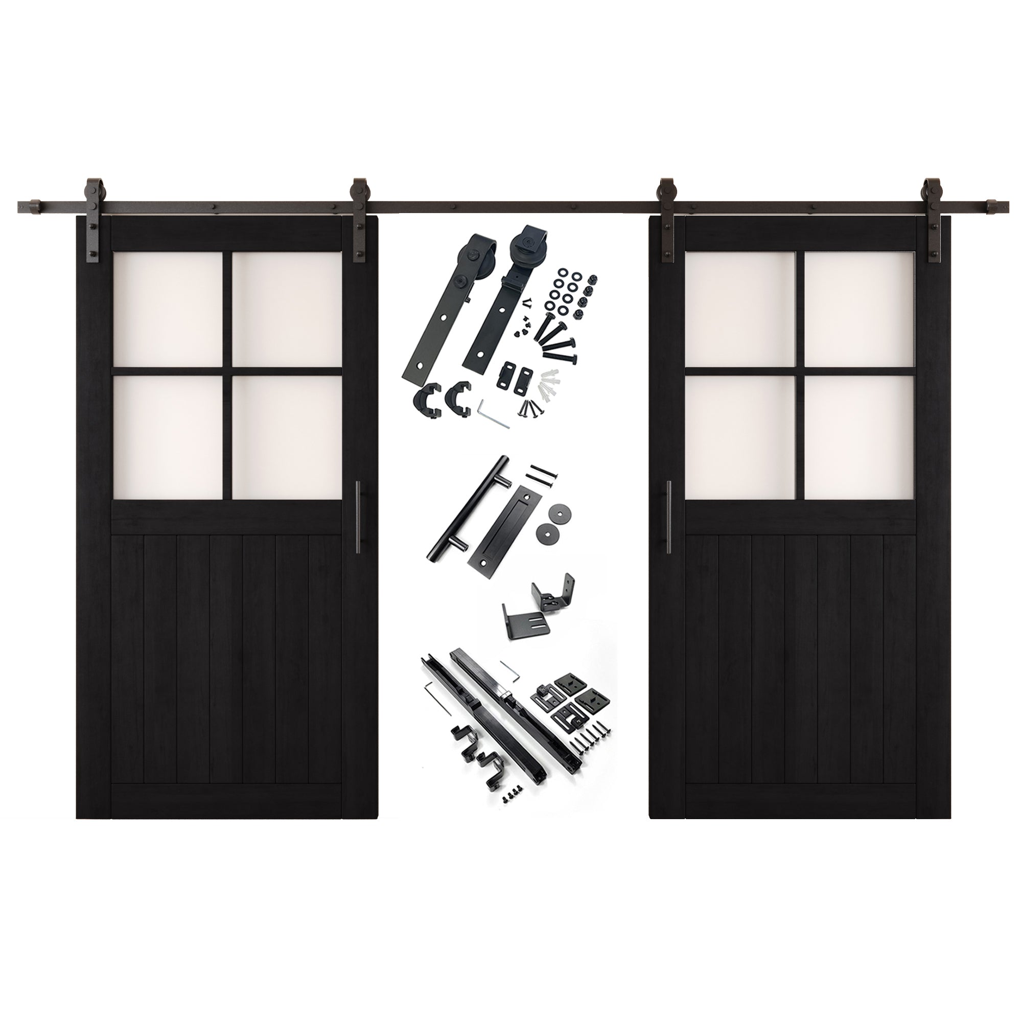 80" Height Black Half Lite Grid Glass Double Unassembled & Finished Pine Wood Barn Doors with Non-Bypass Installation Hardware Kit (Interior Use Only)
