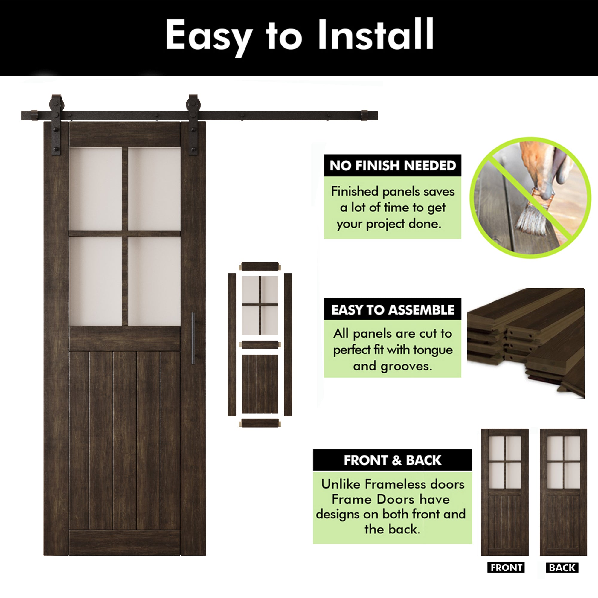 80" Height Ebony Half Lite Grid Glass Double Unassembled & Finished Pine Wood Barn Doors with Non-Bypass Installation Hardware Kit (Interior Use Only)
