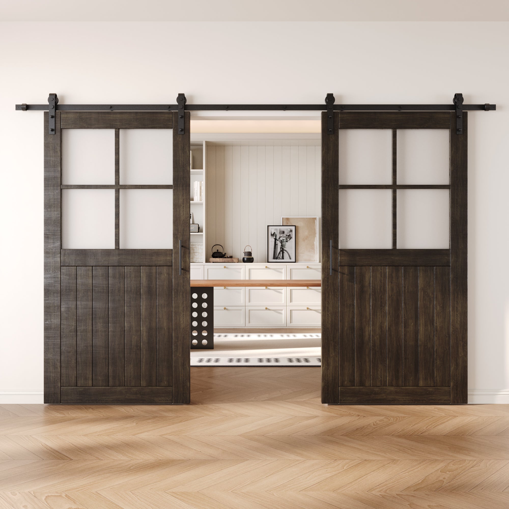 80" Height Ebony Half Lite Grid Glass Double Unassembled & Finished Pine Wood Barn Doors with Non-Bypass Installation Hardware Kit (Interior Use Only)