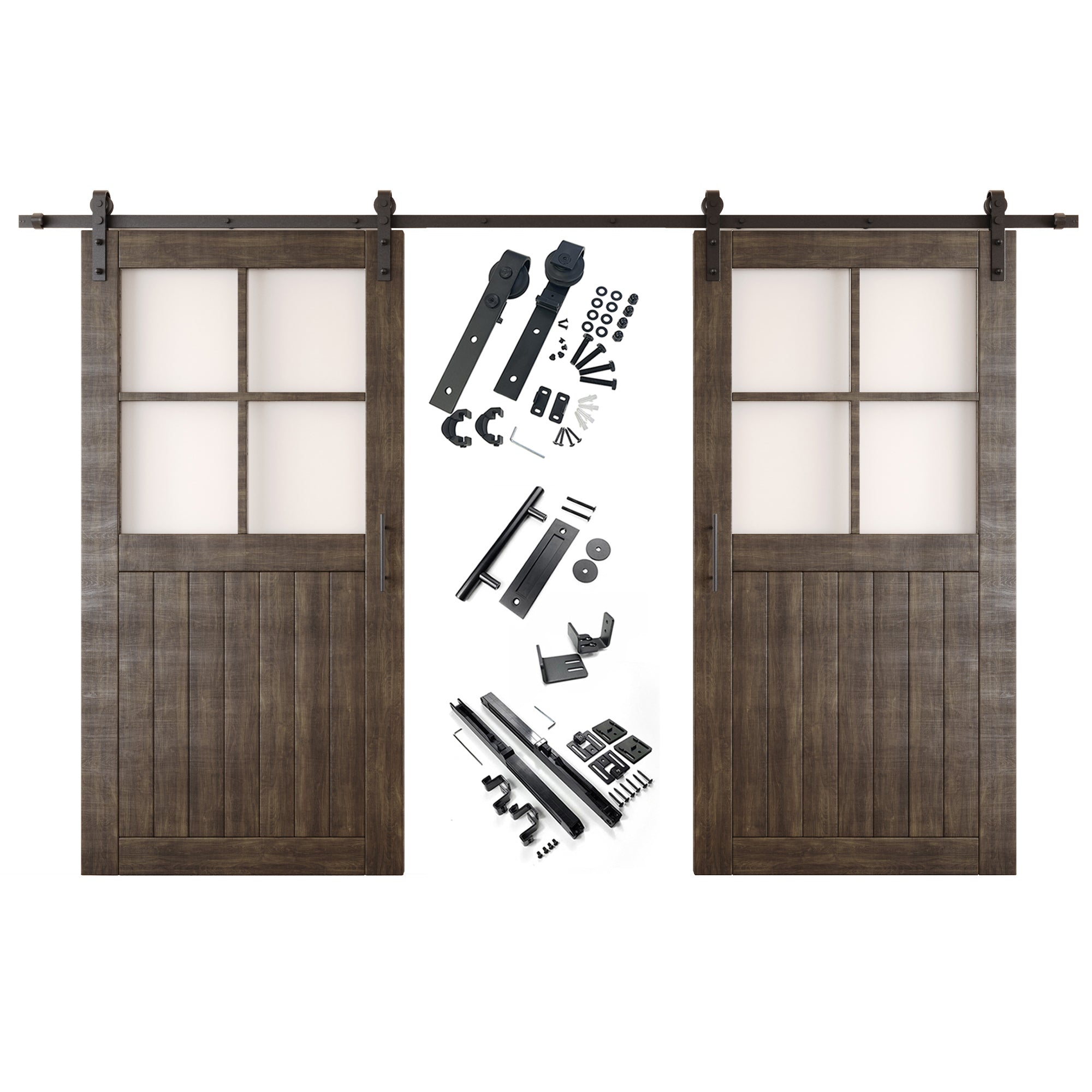 80" Height Ebony Half Lite Grid Glass Double Unassembled & Finished Pine Wood Barn Doors with Non-Bypass Installation Hardware Kit (Interior Use Only)