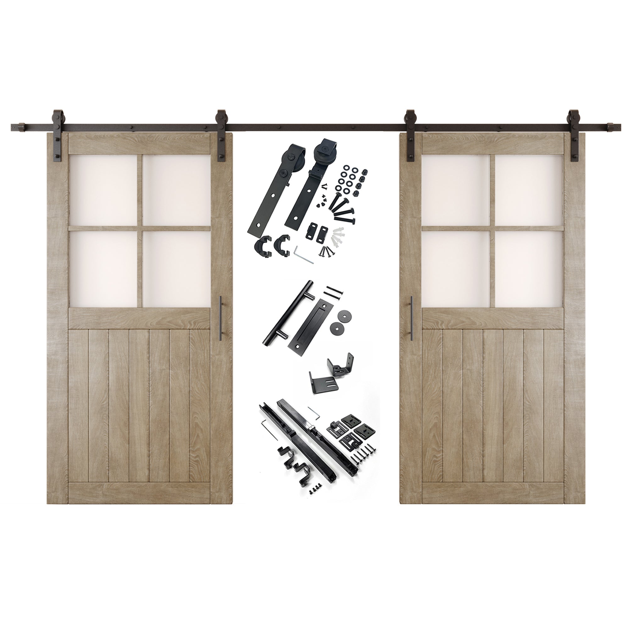 80" Height Classic Gray Half Lite Grid Glass Double Unassembled & Finished Pine Wood Barn Doors with Non-Bypass Installation Hardware Kit (Interior Use Only)