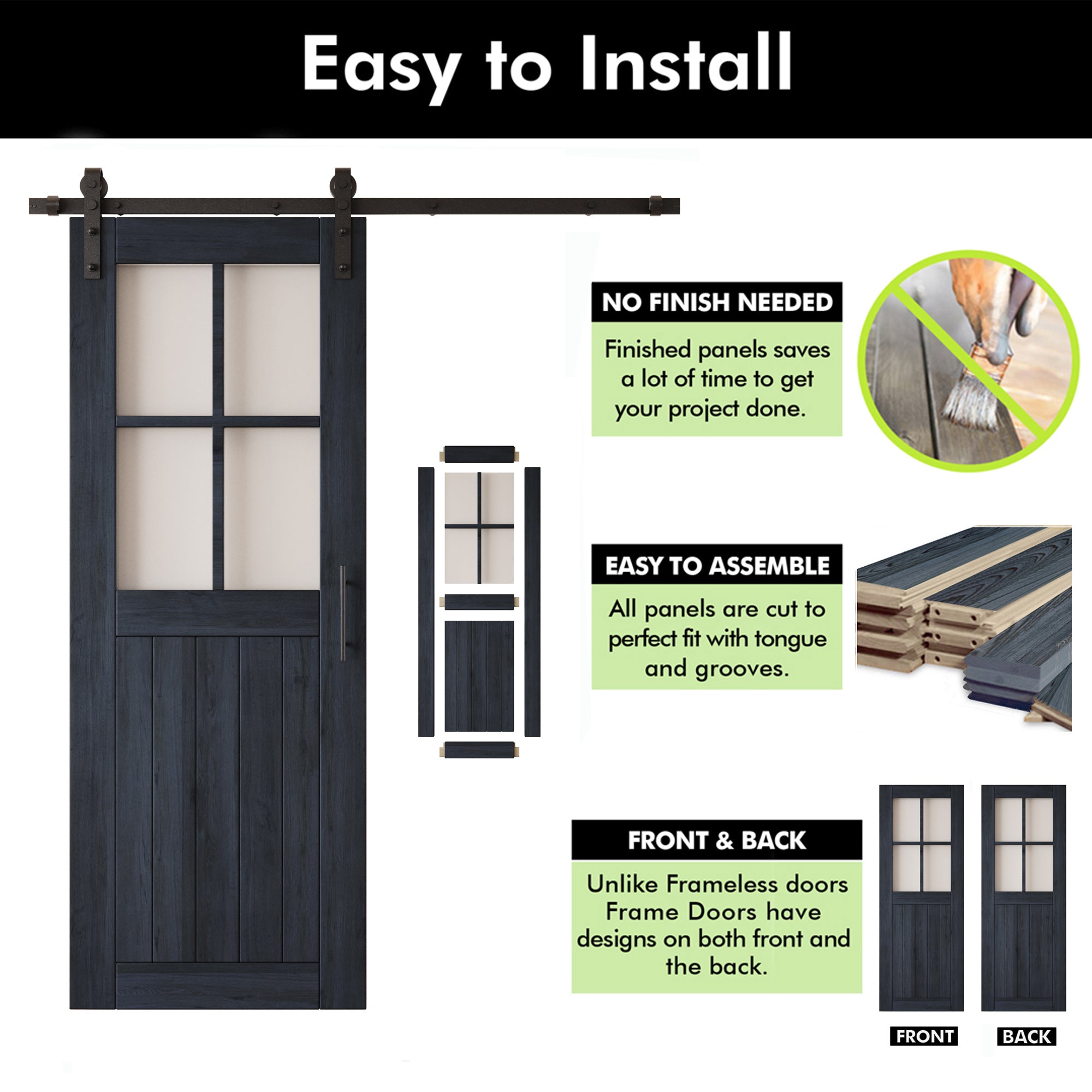 80" Height Navy Half Lite Grid Glass Double Unassembled & Finished Pine Wood Barn Doors with Non-Bypass Installation Hardware Kit (Interior Use Only)
