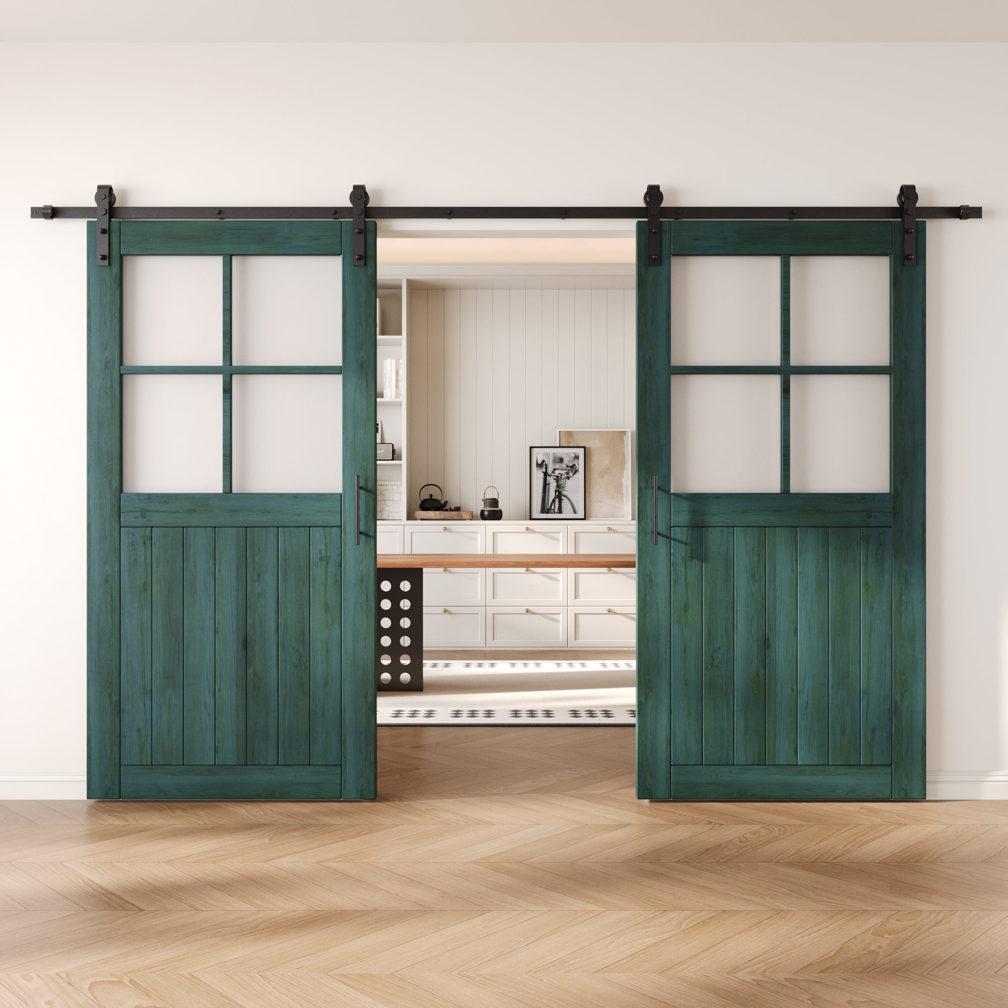 80" Height Royal Pine Half Lite Grid Glass Double Unassembled & Finished Pine Wood Barn Doors with Non-Bypass Installation Hardware Kit (Interior Use Only)