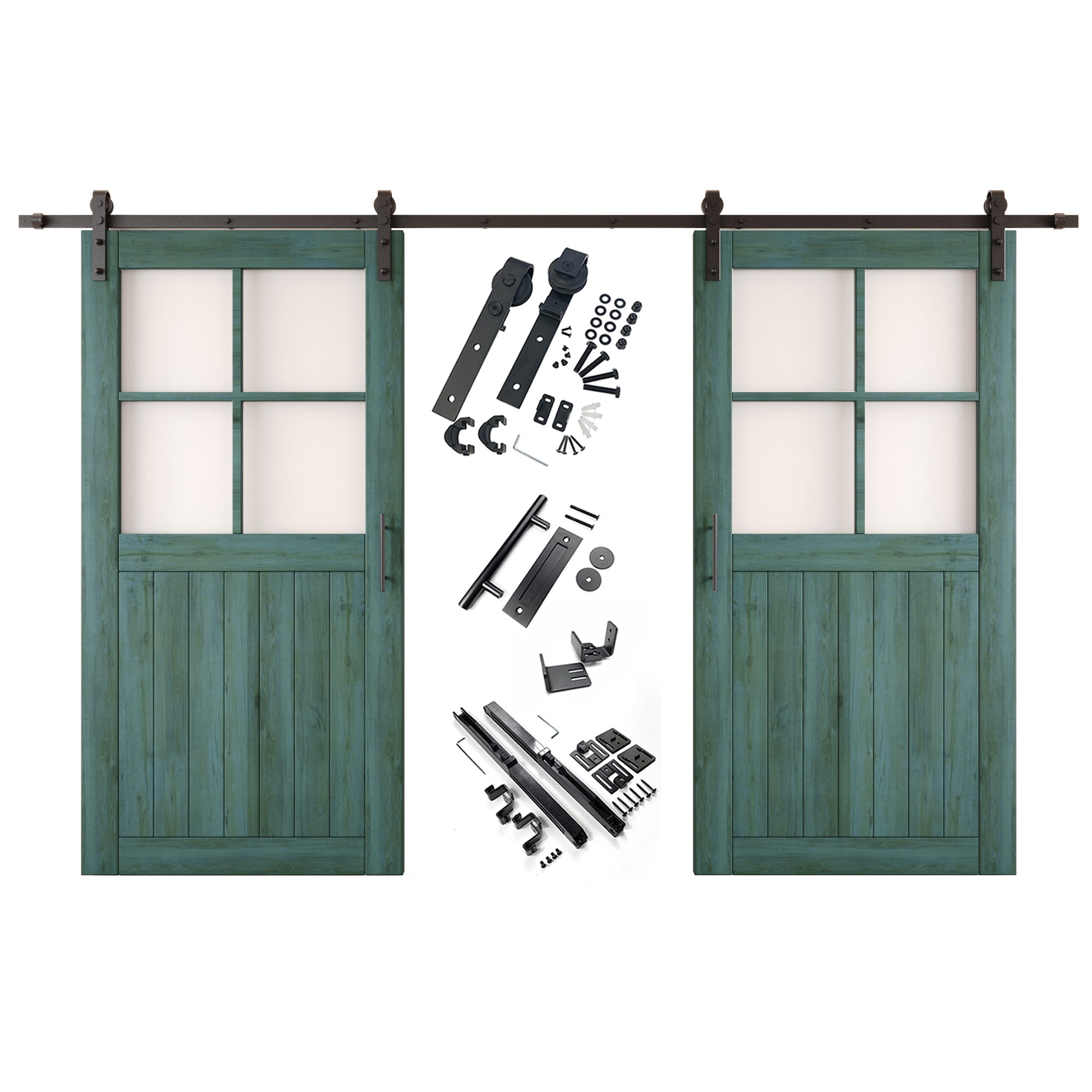 80" Height Royal Pine Half Lite Grid Glass Double Unassembled & Finished Pine Wood Barn Doors with Non-Bypass Installation Hardware Kit (Interior Use Only)