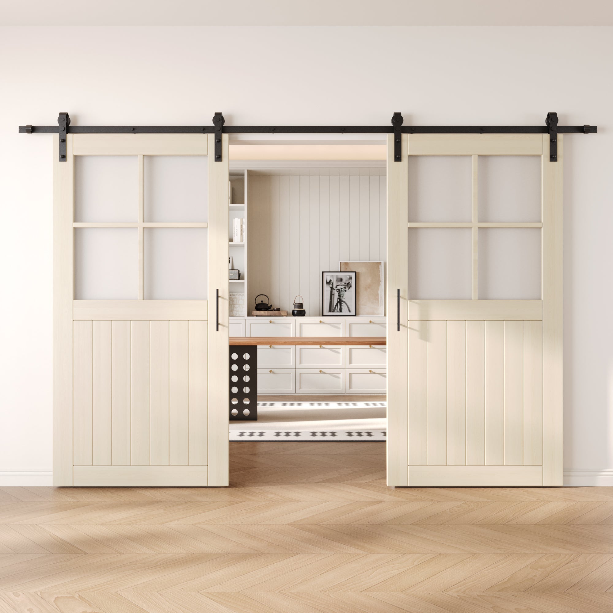 80" Height Tinsmith Gray Half Lite Grid Glass Double Unassembled & Finished Pine Wood Barn Doors with Non-Bypass Installation Hardware Kit (Interior Use Only)