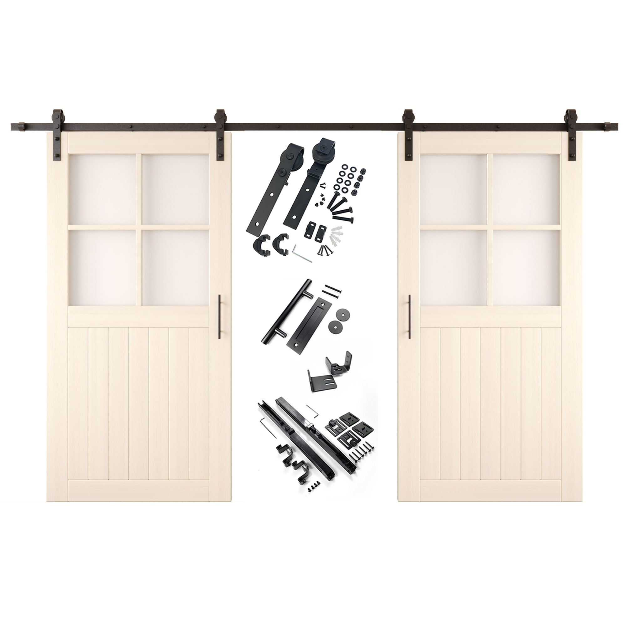80" Height Tinsmith Gray Half Lite Grid Glass Double Unassembled & Finished Pine Wood Barn Doors with Non-Bypass Installation Hardware Kit (Interior Use Only)