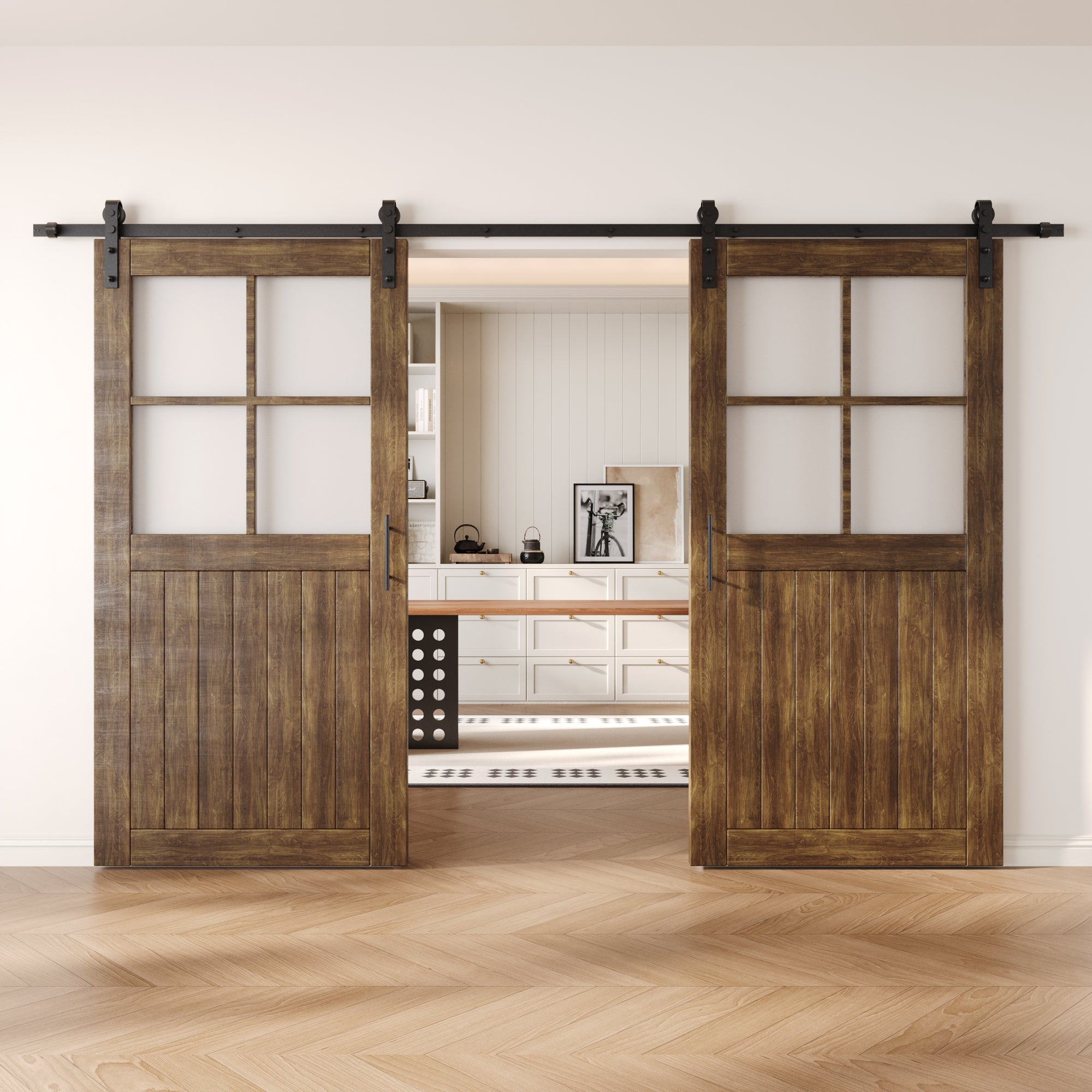 80" Height Dark Walnut Half Lite Grid Glass Double Unassembled & Finished Pine Wood Barn Doors with Non-Bypass Installation Hardware Kit (Interior Use Only)