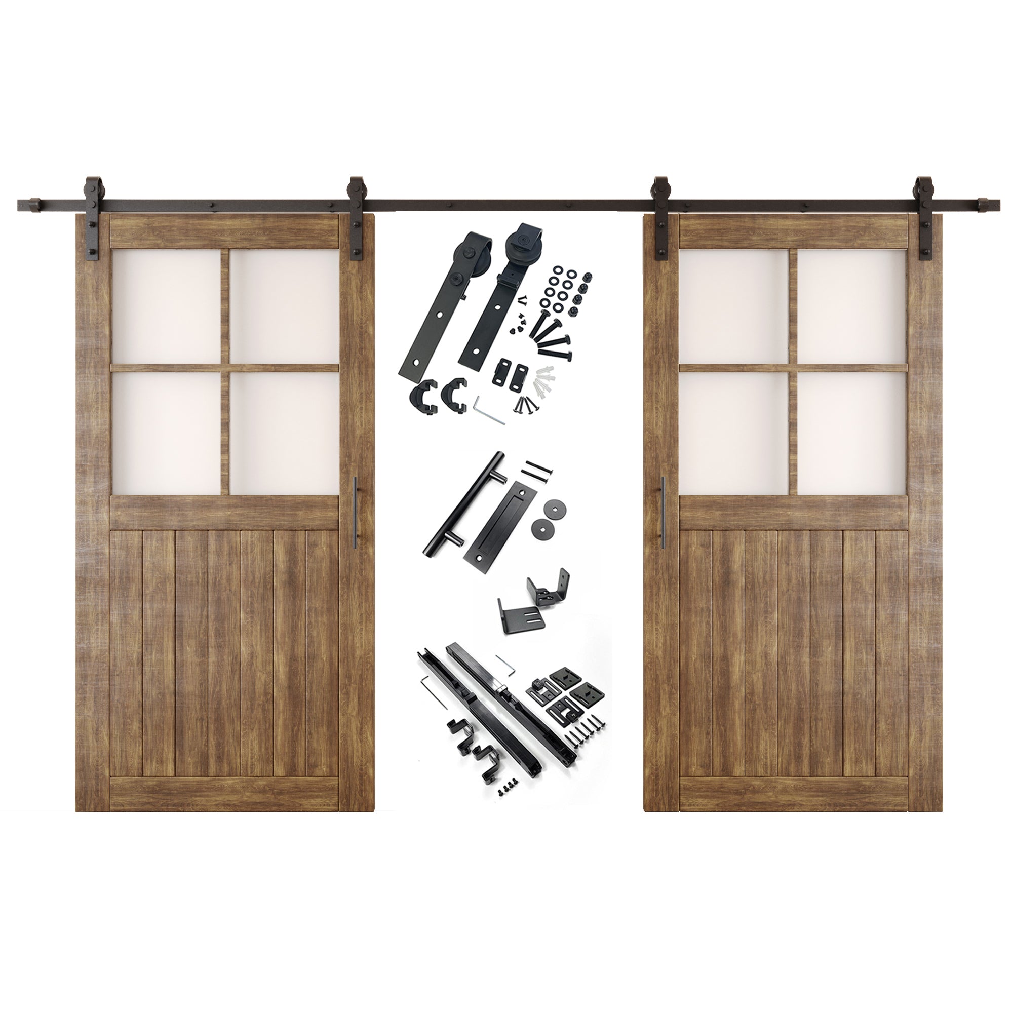 80" Height Dark Walnut Half Lite Grid Glass Double Unassembled & Finished Pine Wood Barn Doors with Non-Bypass Installation Hardware Kit (Interior Use Only)